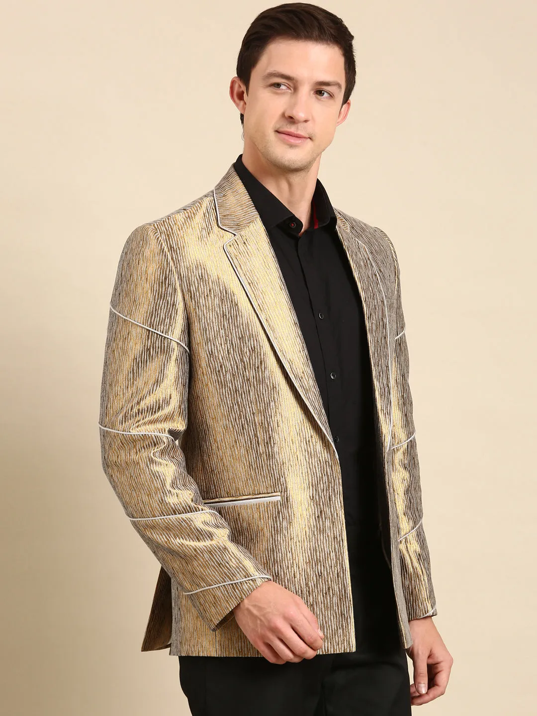 100 Silk Gold Jacquard Blazer for Men - MMJ0157