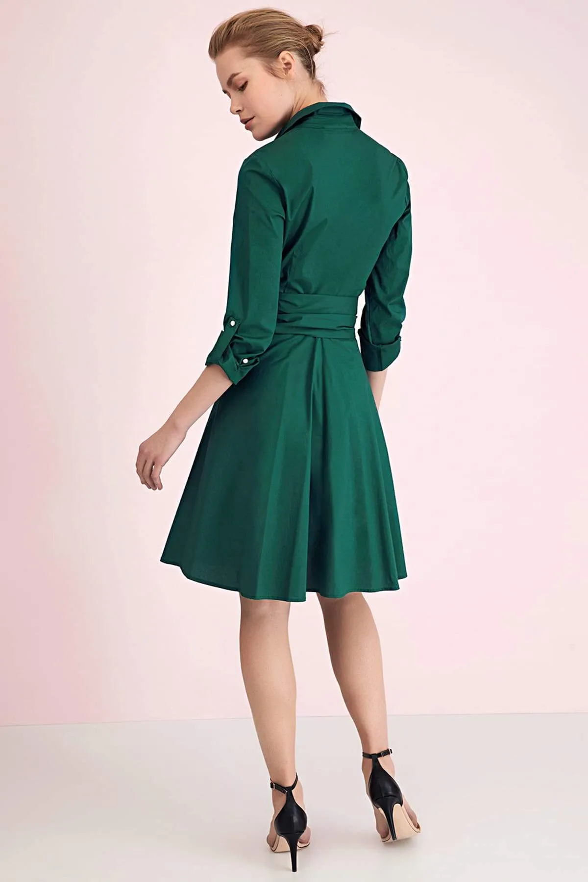 12856 Green Buckle Belt Shirt Dress