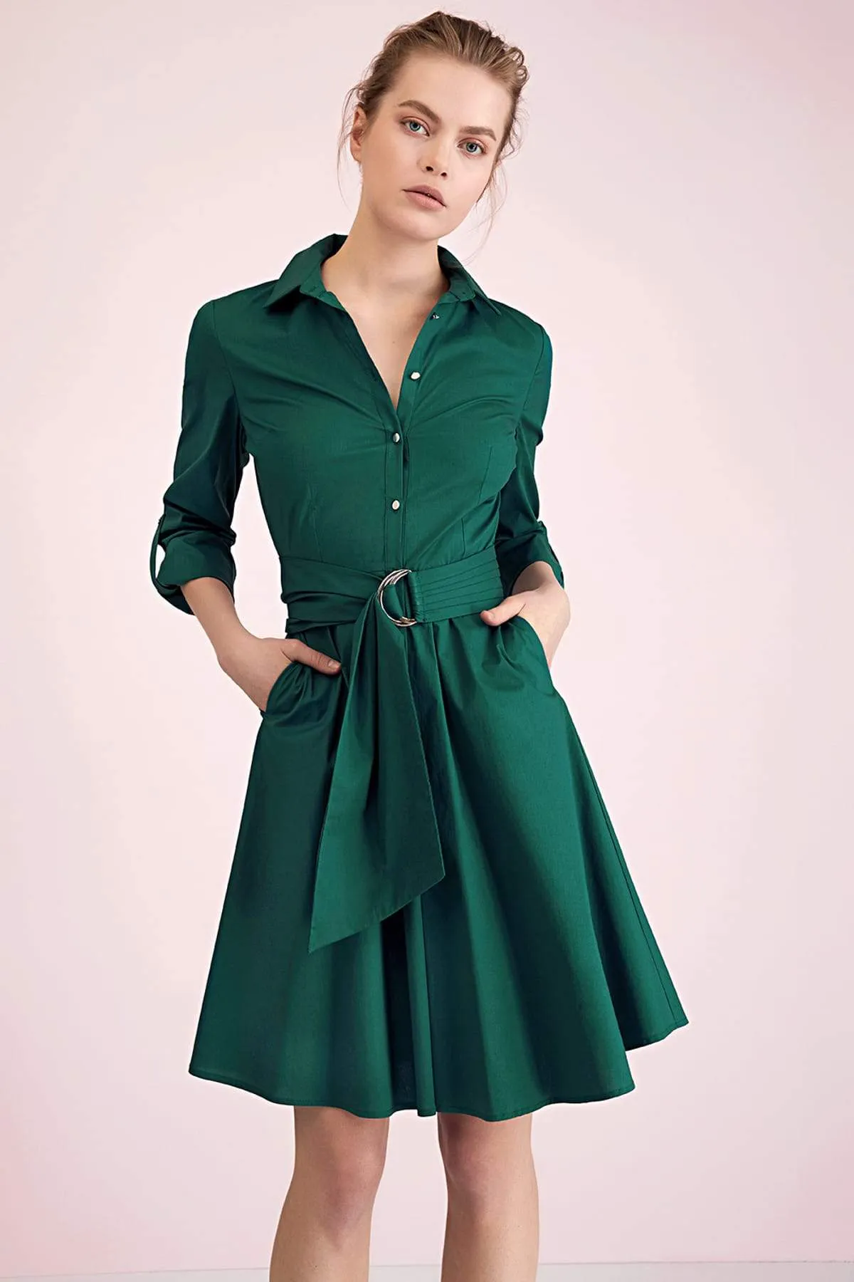 12856 Green Buckle Belt Shirt Dress