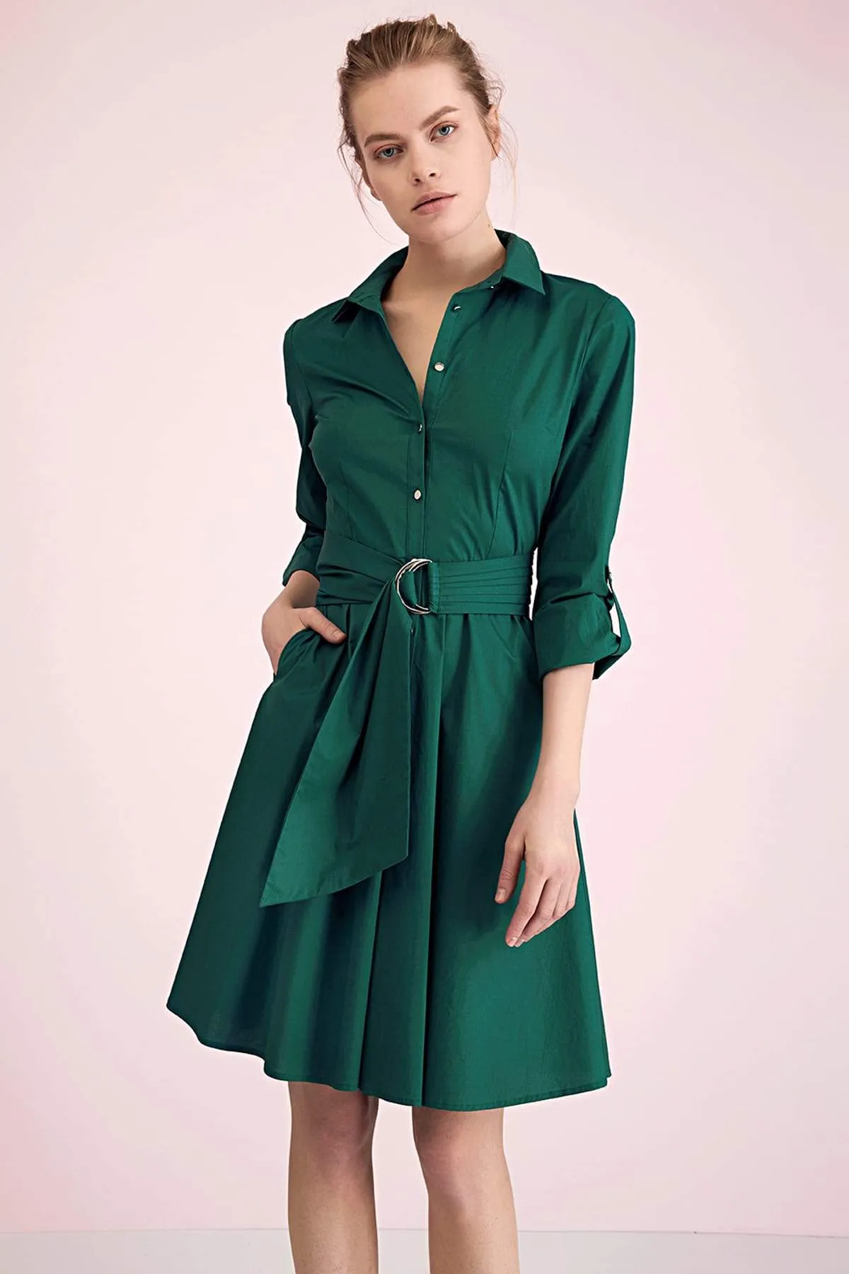 12856 Green Buckle Belt Shirt Dress