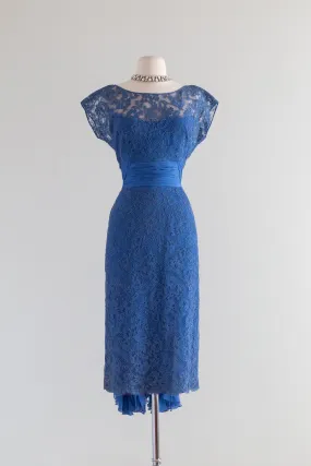 1950's Fine French Lace Cocktail Dress in Cobalt Blue By Gothe' / Waist 28