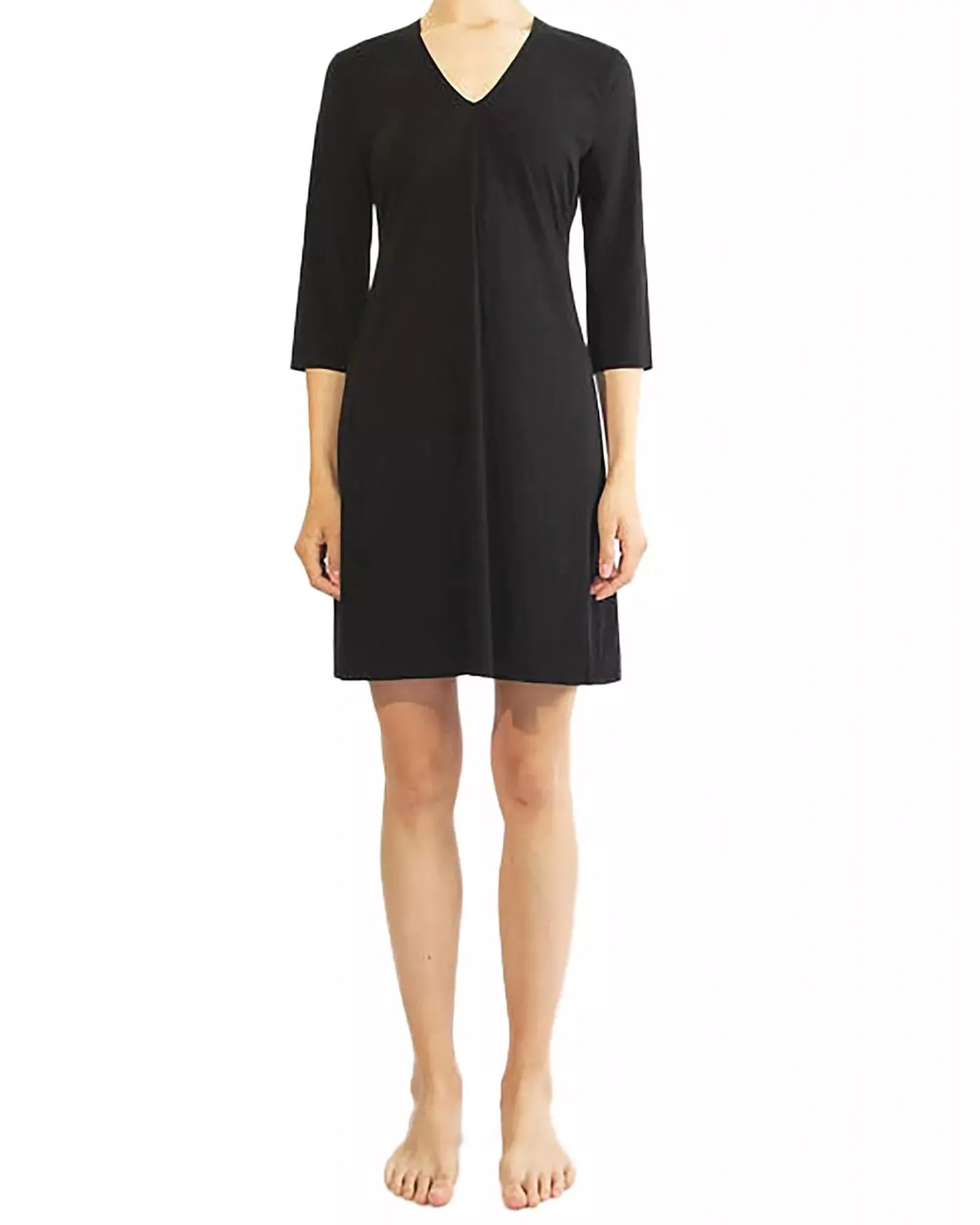 Aurora Loose Fit 3/4 Sleeve V-Neck Dress in Black | Black