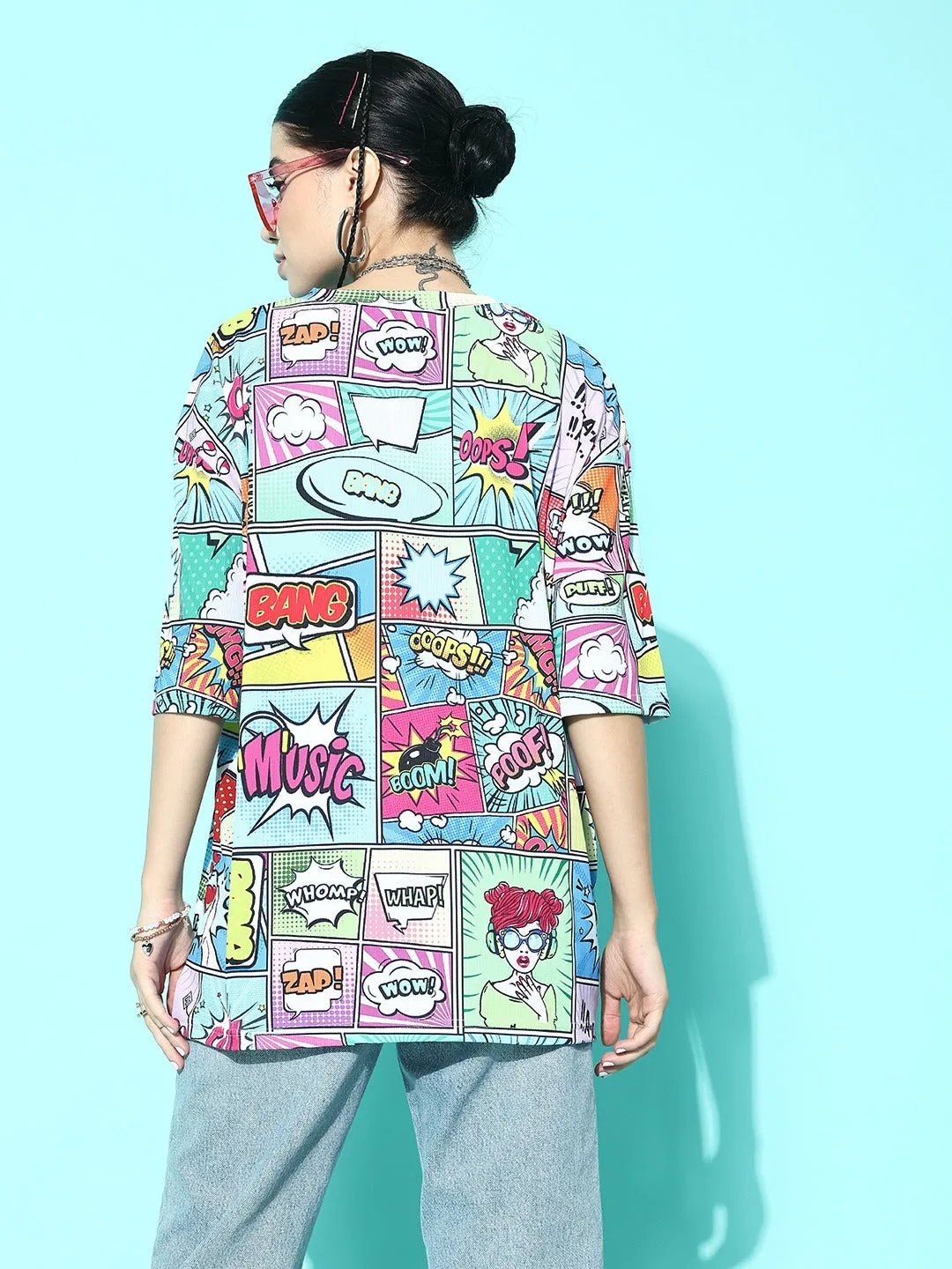 Berrylush Women Multicolour Graphic Printed Round Neck Drop-Shoulder Sleeves Knitted Regular T-Shirt