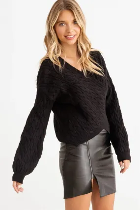 Black Cable Knit Wrap Tie Long Sleeve Sweater Cardigan /2-2-2