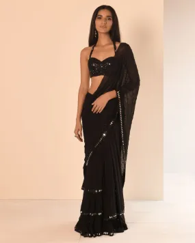 Black Embroidered Tiered Sari Set