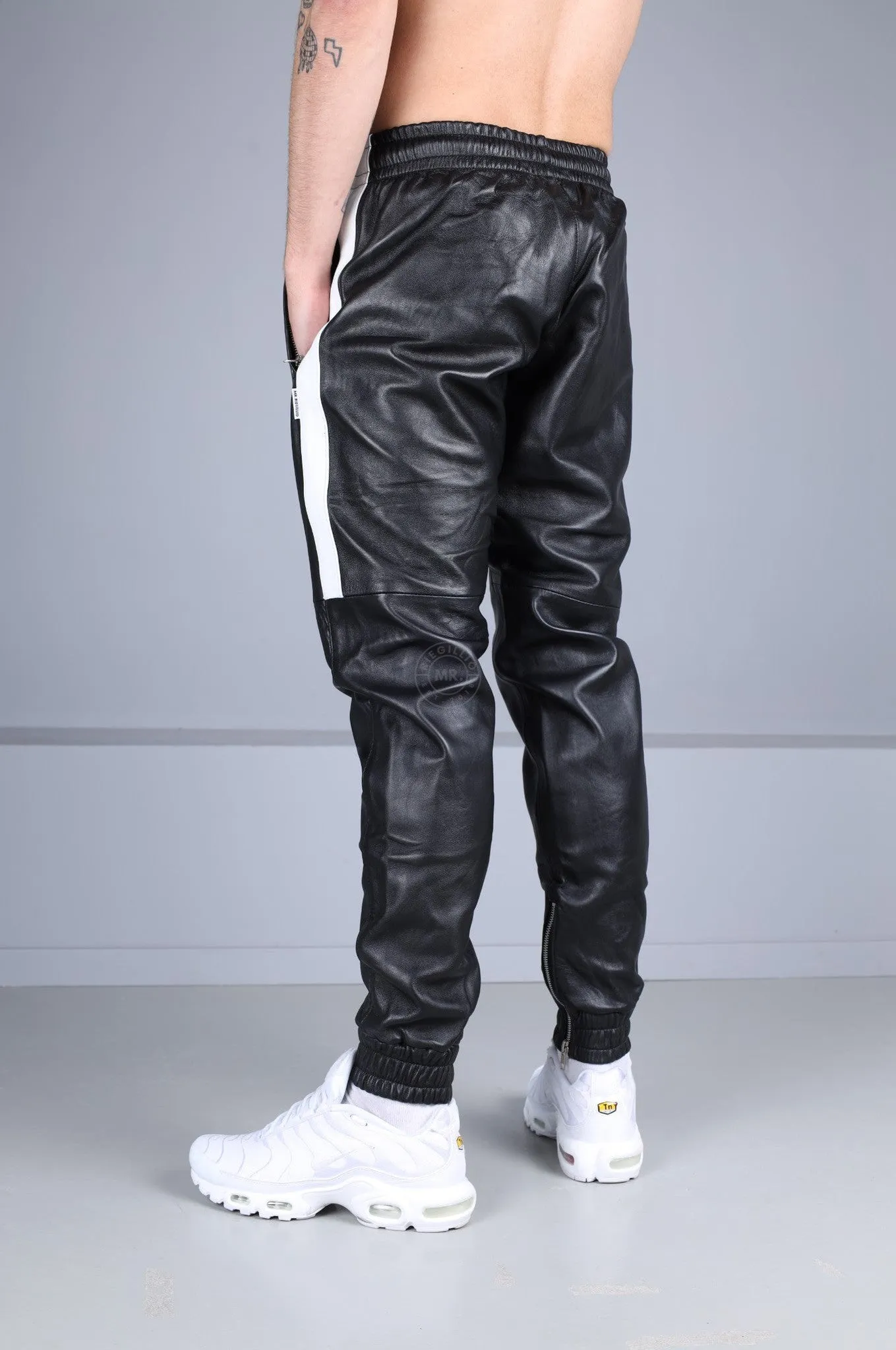 Black Leather Tracksuit Pants - White Stripe