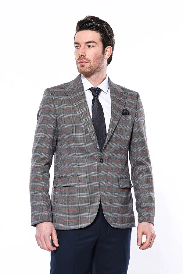 Checked Single Button Brown Men Blazer - Wessi