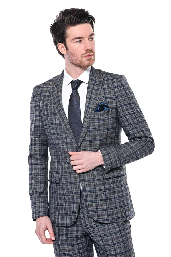 Checked Slim-Fit Navy Blue Men Blazer - Wessi