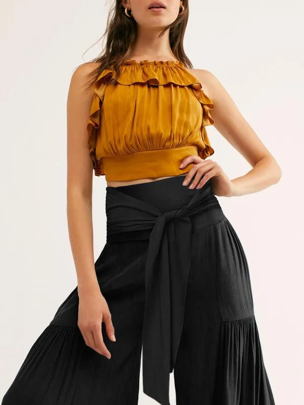 Chic Wide-Leg Cotton Pants with Stylish Woven Straps