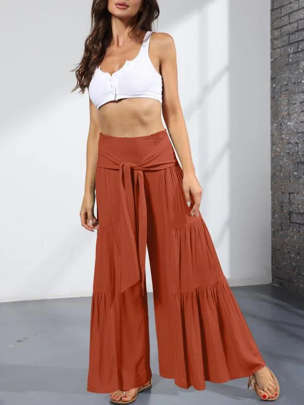 Chic Wide-Leg Cotton Pants with Stylish Woven Straps