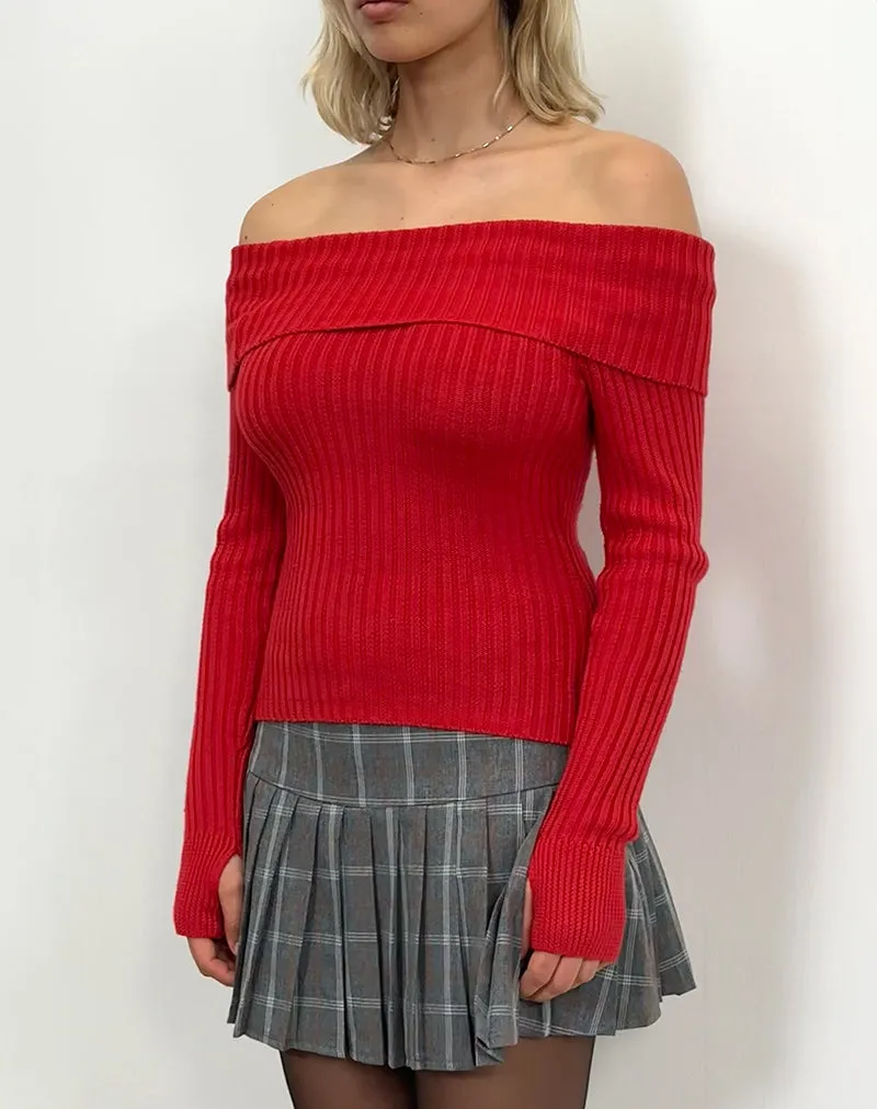 Circe Off-Shoulder Long Sleeve Knit Top in Red