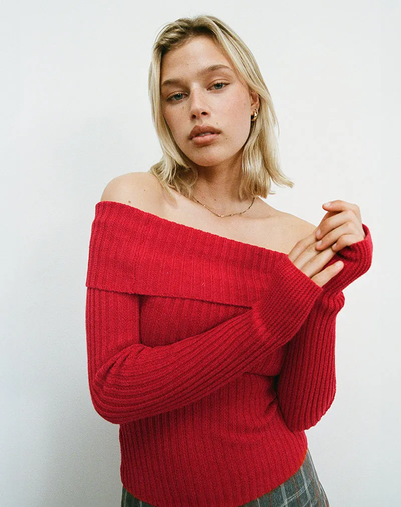 Circe Off-Shoulder Long Sleeve Knit Top in Red