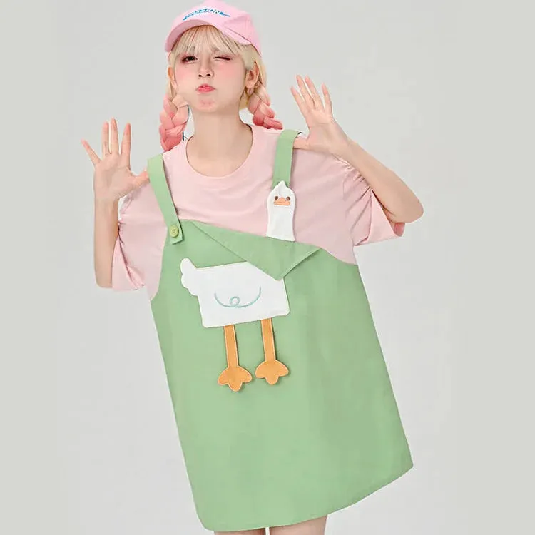 Cute and Quirky: Cartoon Duck Embroidery T-Shirt Dress