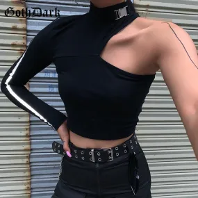 Dark Black Punk Holographic Gothic Skinny Crop Top Shirt