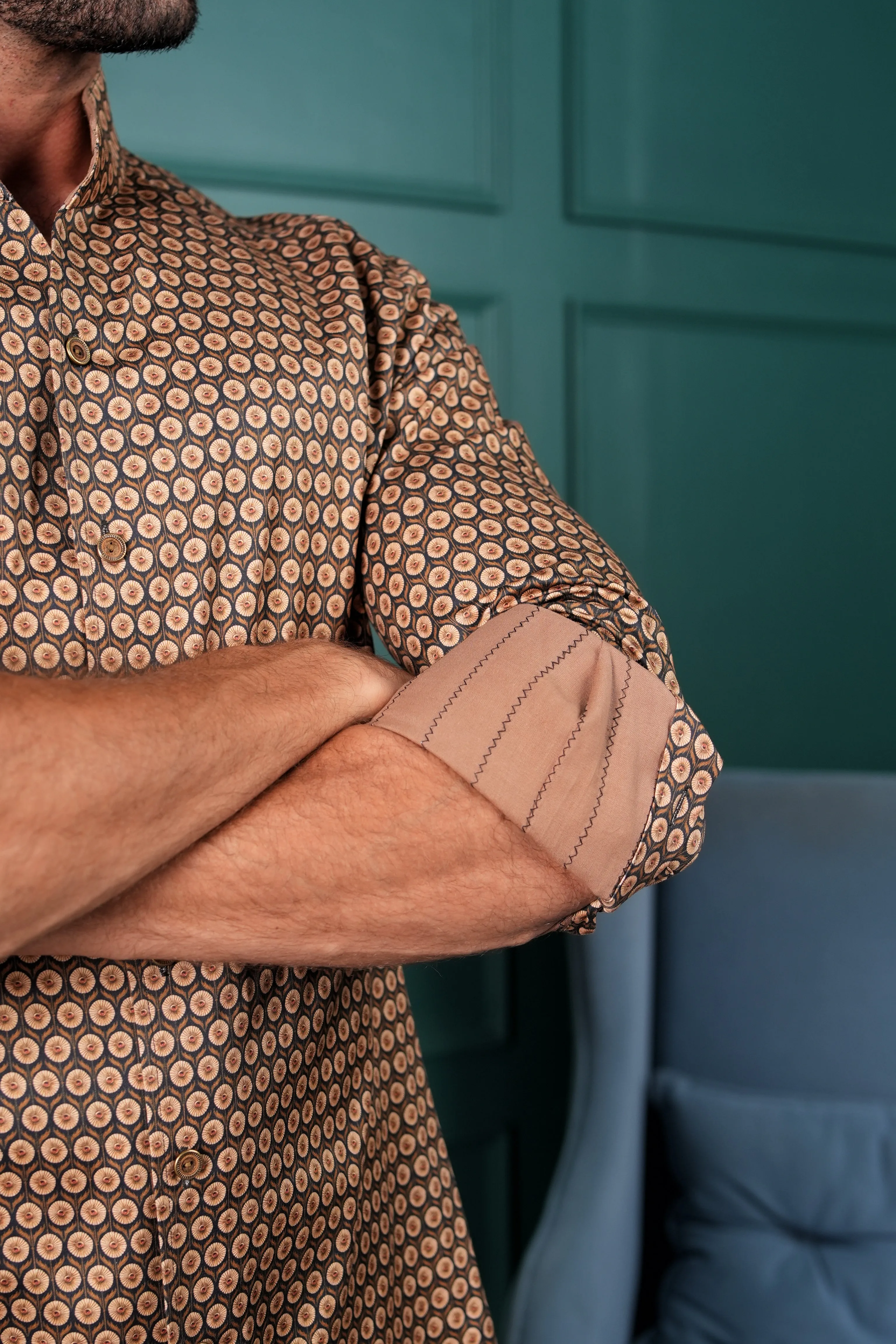 Dark Green Beige Daisy Cotton Shirt