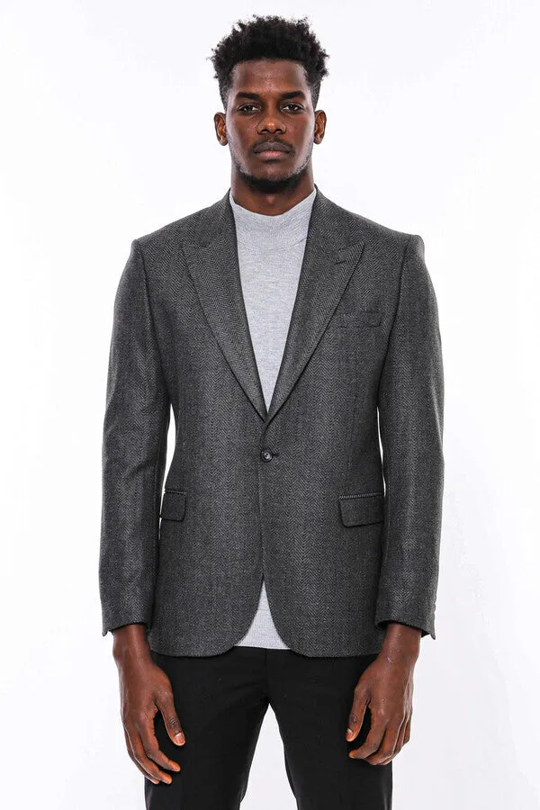 Dark Grey Patterned Slim Fit Blazer - Wessi