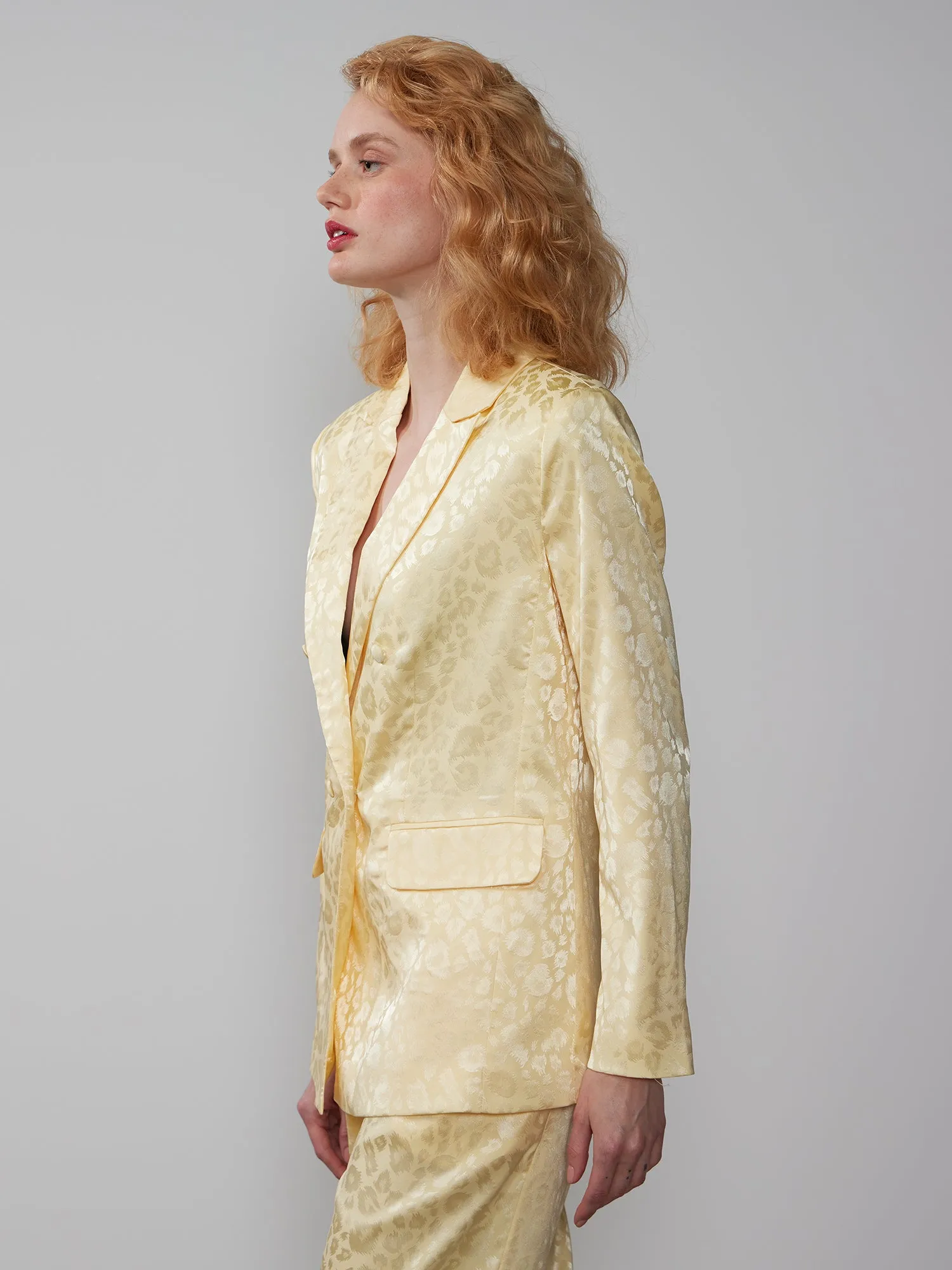 Double Breasted Leopard Jacquard Satin Blazer