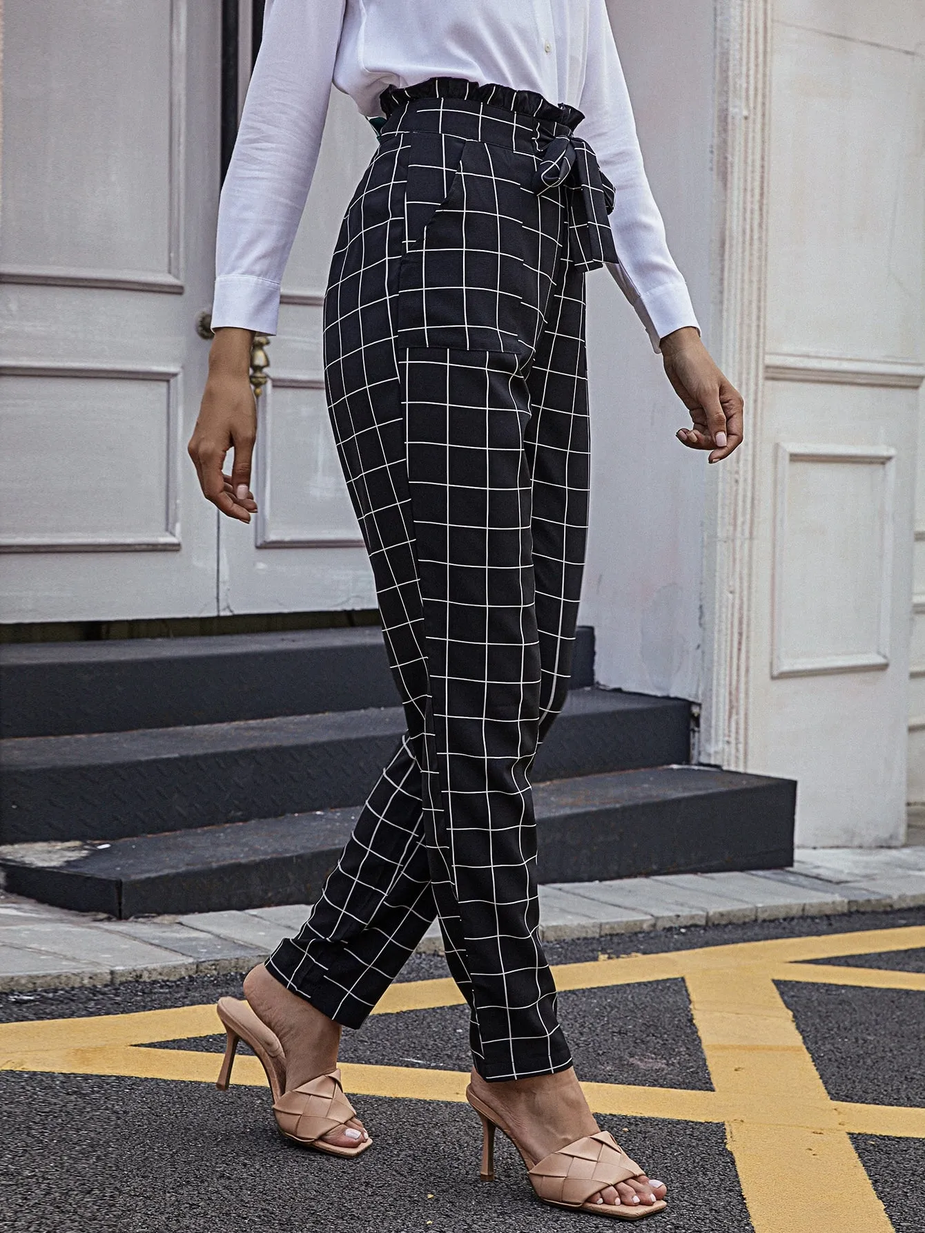 Elegant Plaid Paper Bag Waist High Waist Long Women Pants