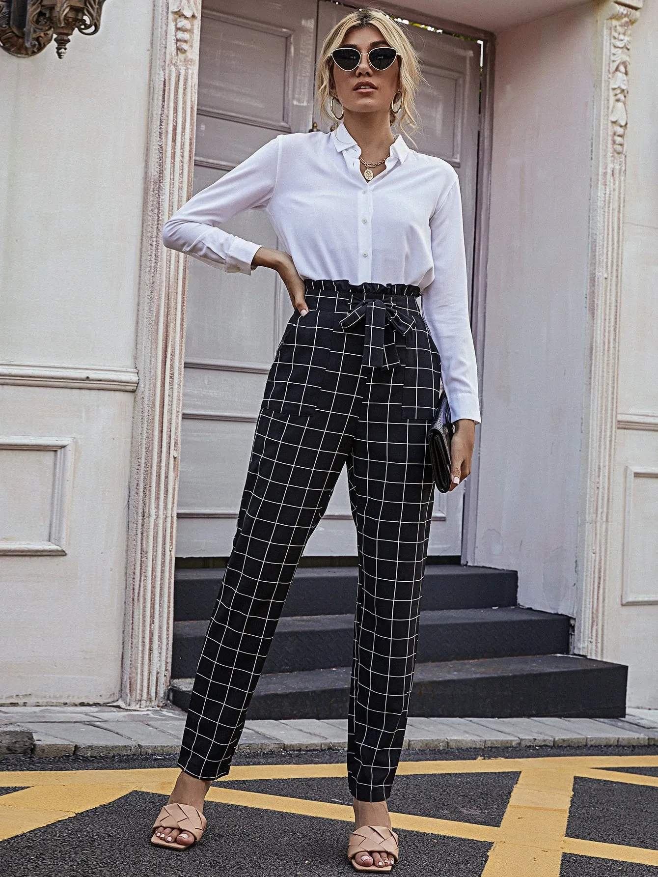 Elegant Plaid Paper Bag Waist High Waist Long Women Pants