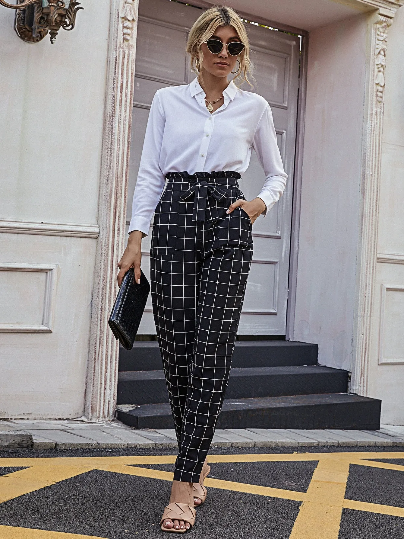 Elegant Plaid Paper Bag Waist High Waist Long Women Pants