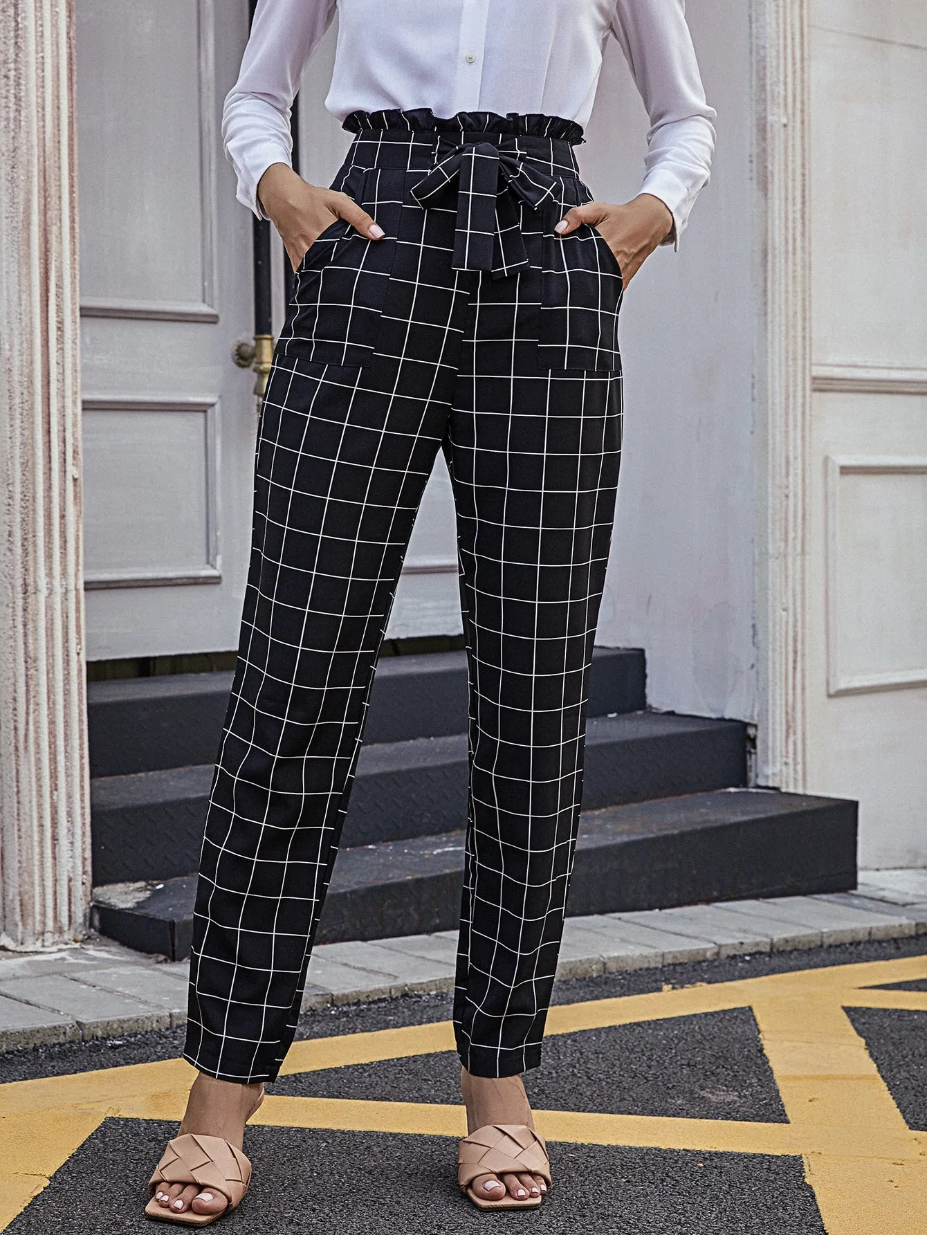 Elegant Plaid Paper Bag Waist High Waist Long Women Pants