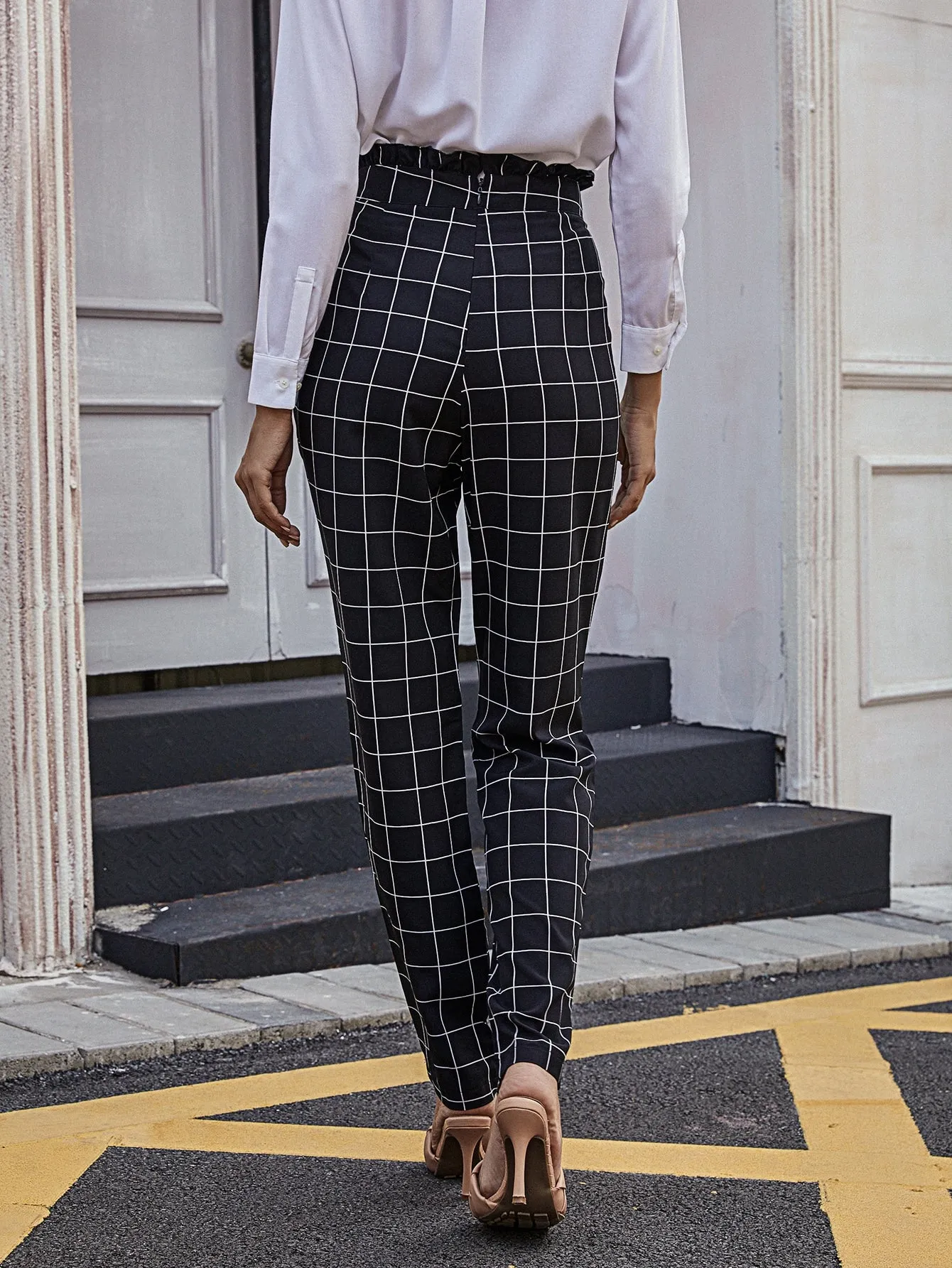 Elegant Plaid Paper Bag Waist High Waist Long Women Pants