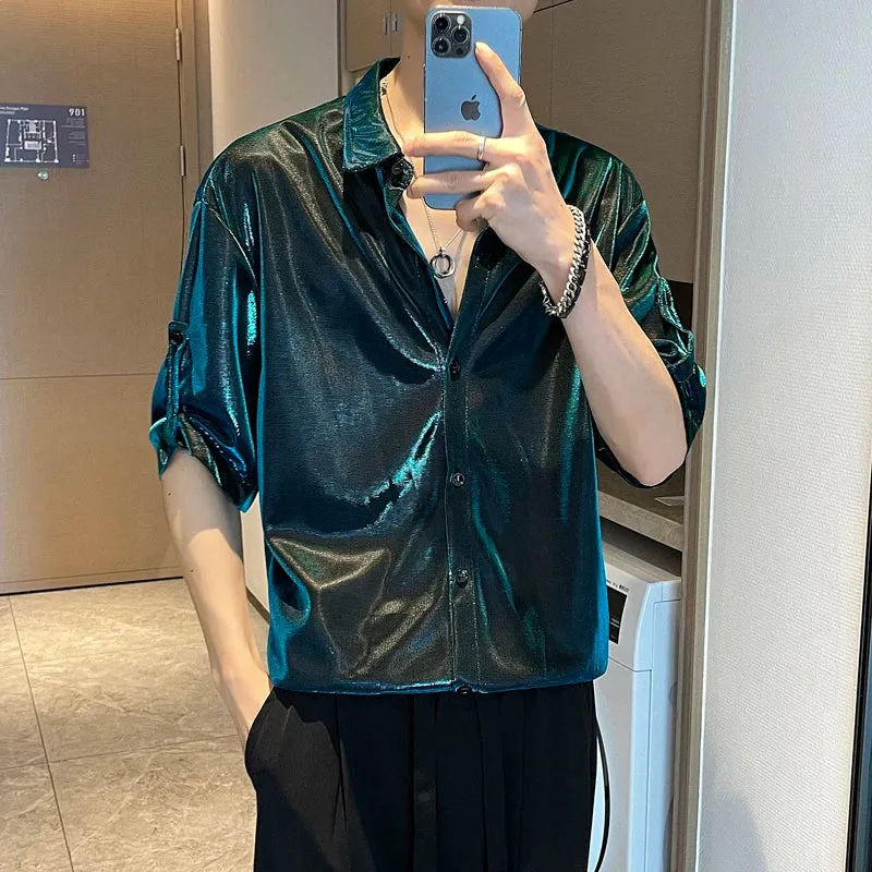 Fashion Shiny Design Loose Half Sleeve Shirt