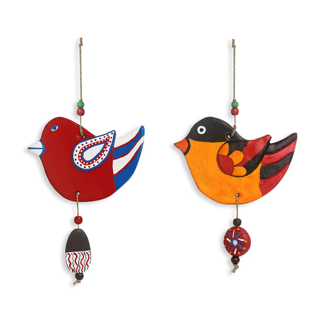 'Feathered Sparrows' Handmade & Handpainted Terracotta Decorative Wall Hangings (Set of 2)