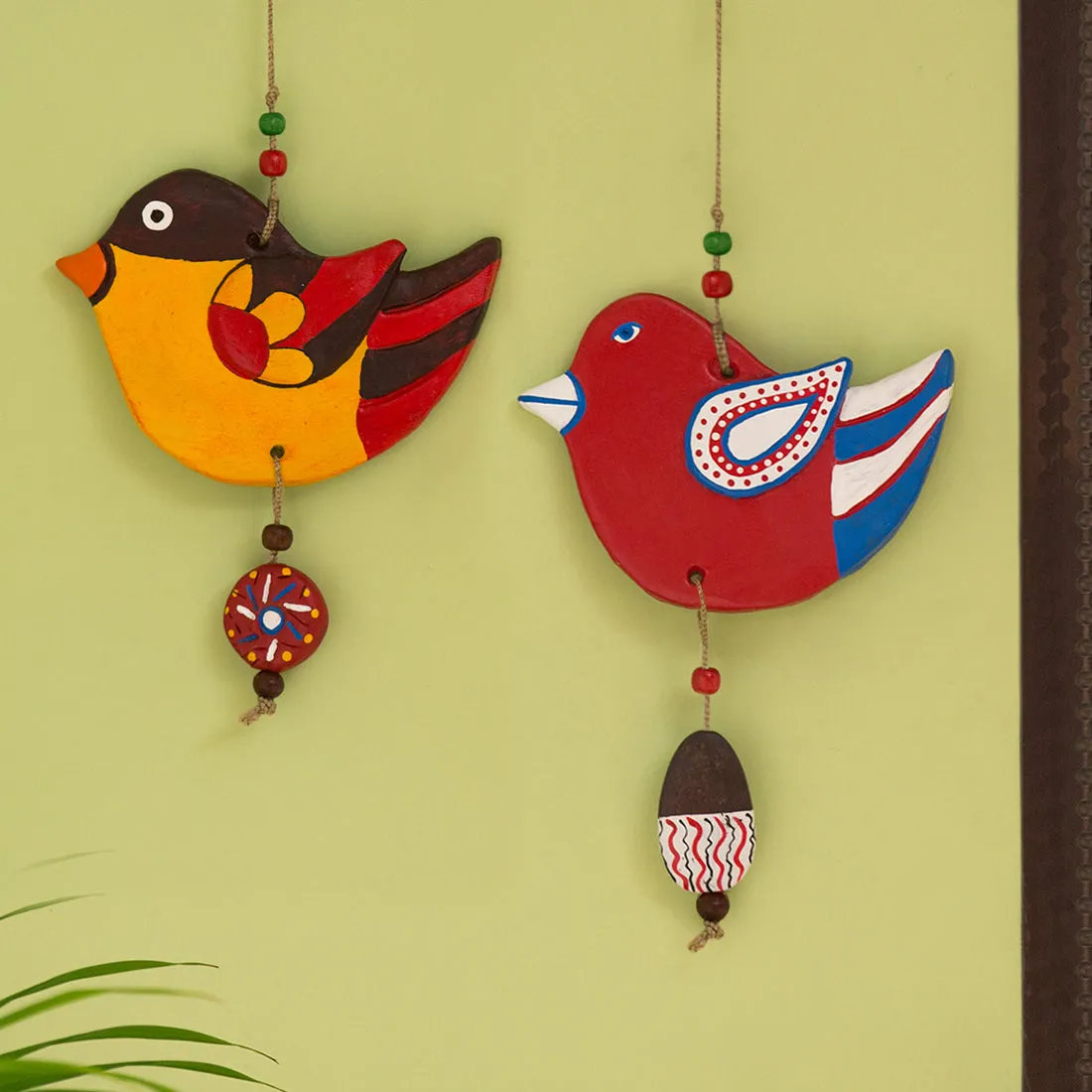 'Feathered Sparrows' Handmade & Handpainted Terracotta Decorative Wall Hangings (Set of 2)