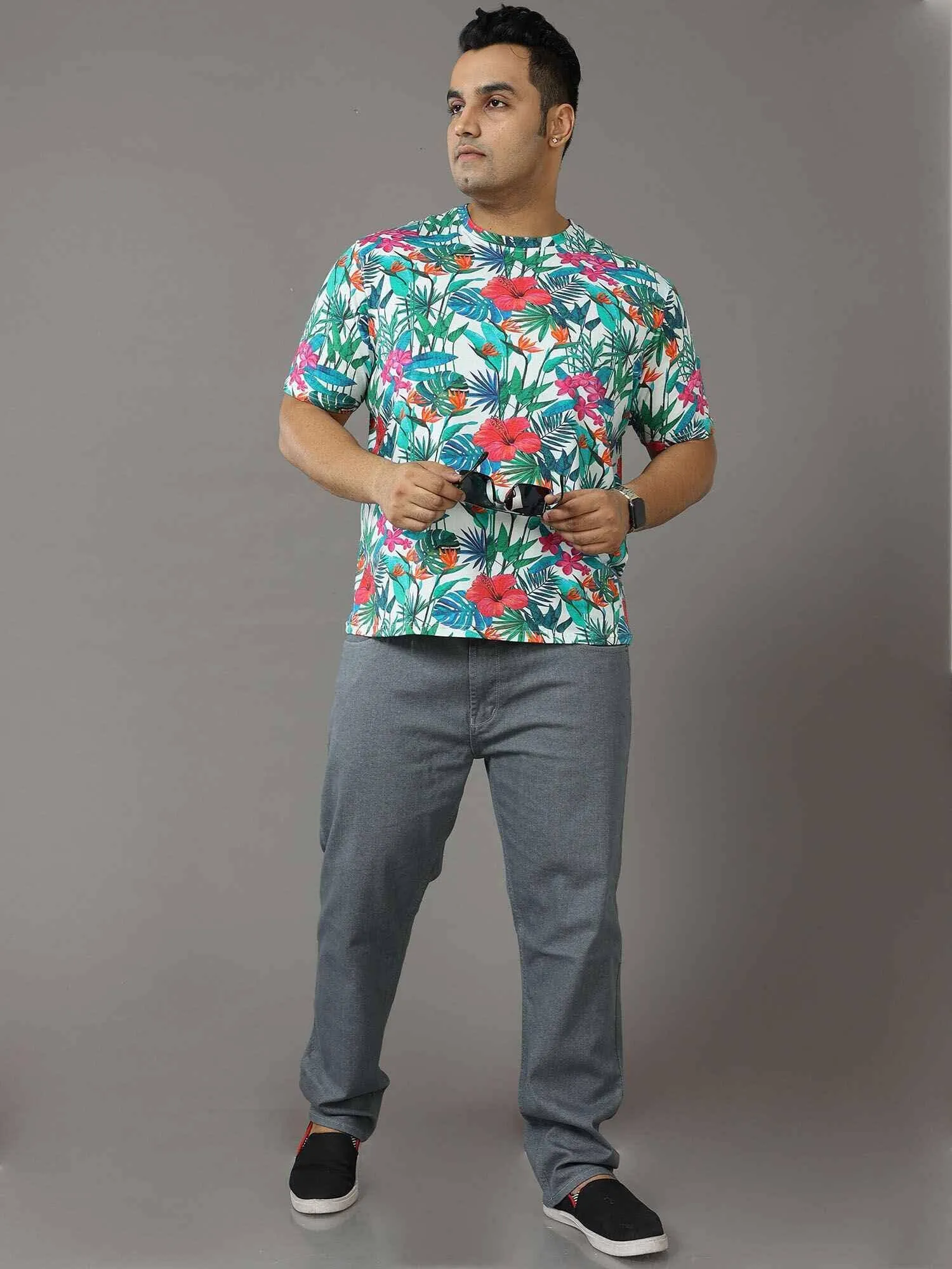 Floral Digital Printed Round Neck T-Shirt Men's Plus Size