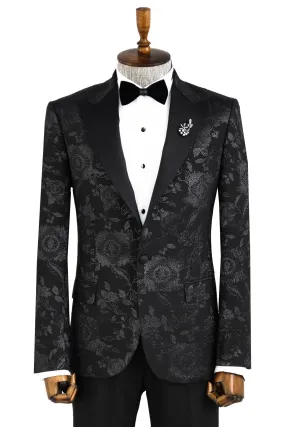 Floral Patterned Shiny Peak Lapel Black Men Dinner Jacket  - Wessi