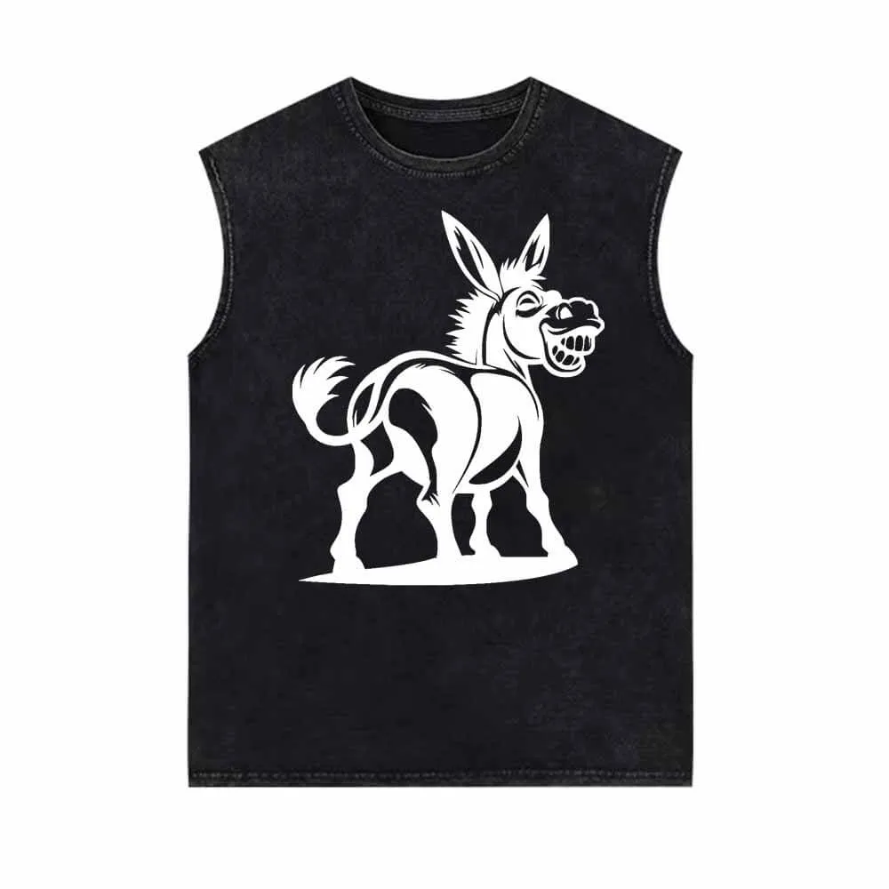 Funny Cartoon Donkey Pattern Vintage Washed Vest Top