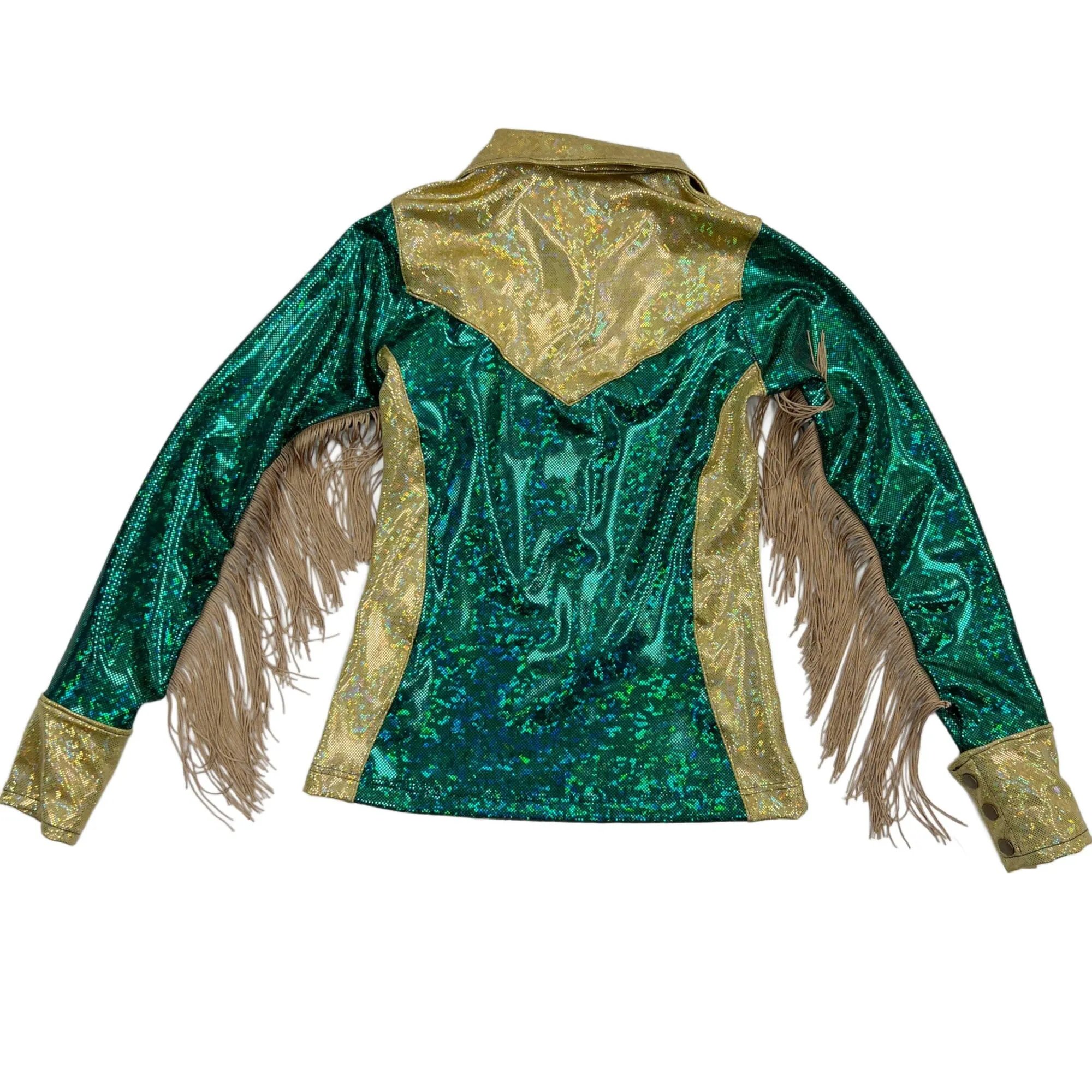 Gold and Green Kaleidoscope Rodeo Shirt with Fringe