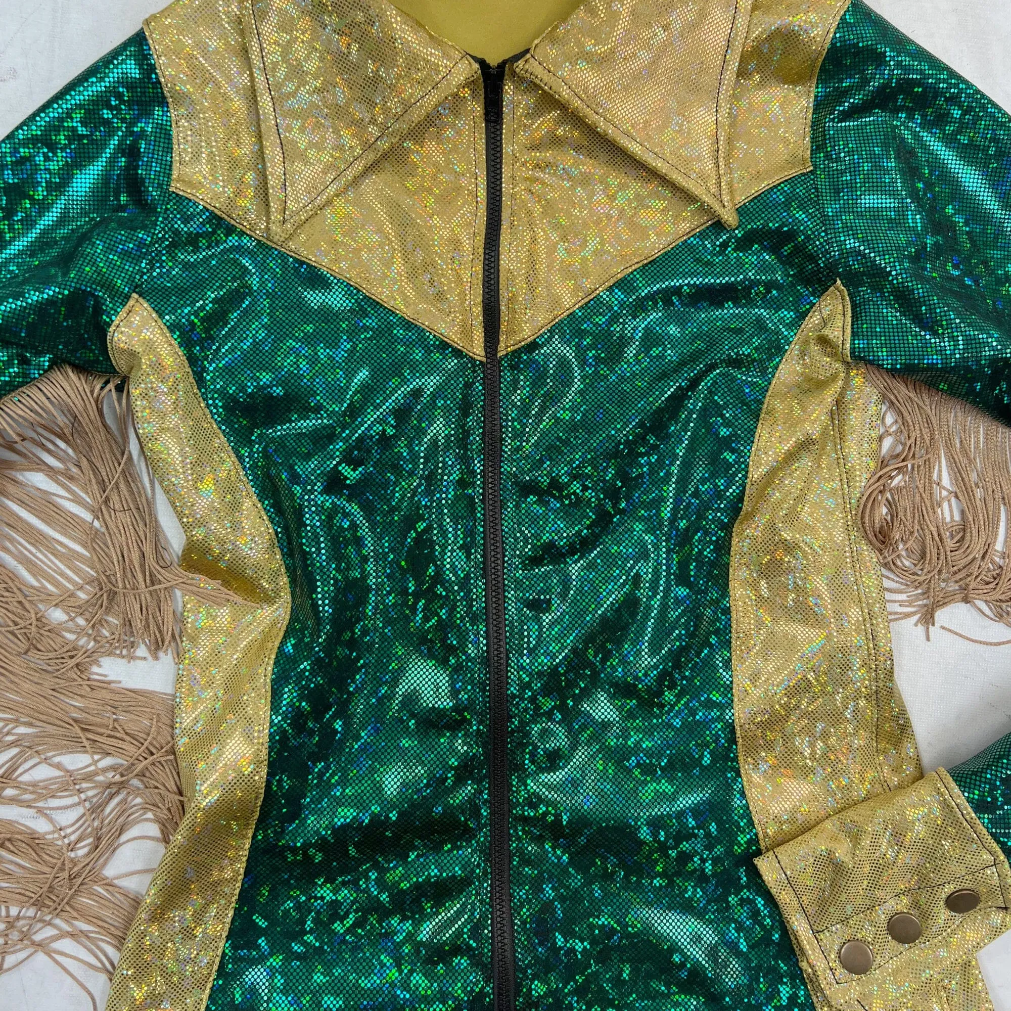 Gold and Green Kaleidoscope Rodeo Shirt with Fringe