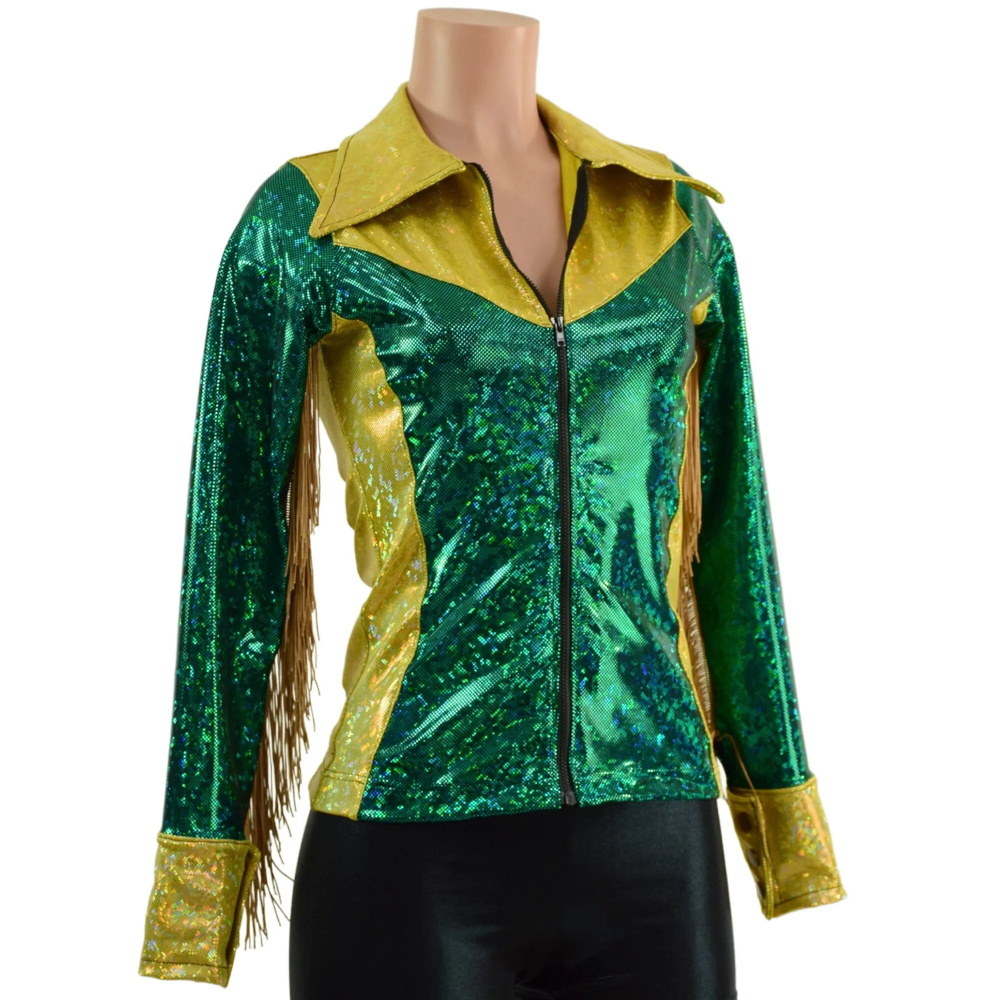 Gold and Green Kaleidoscope Rodeo Shirt with Fringe