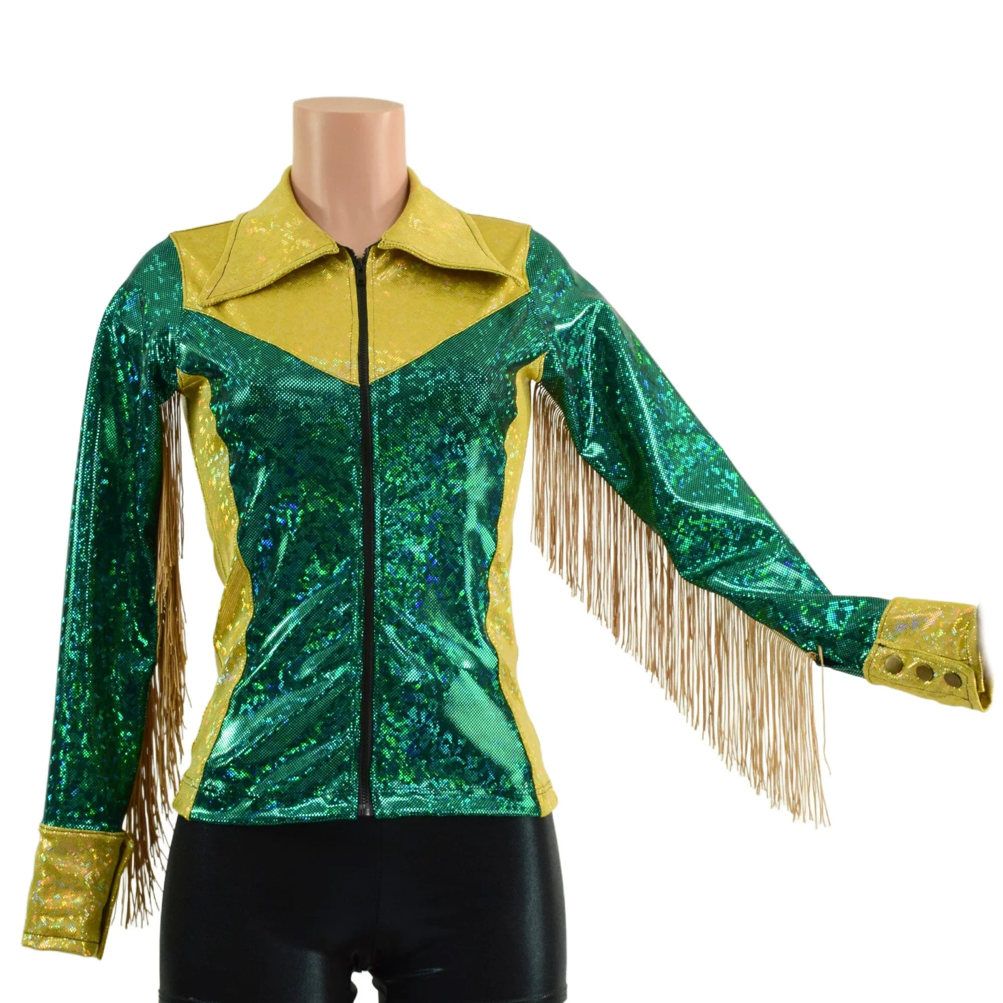 Gold and Green Kaleidoscope Rodeo Shirt with Fringe