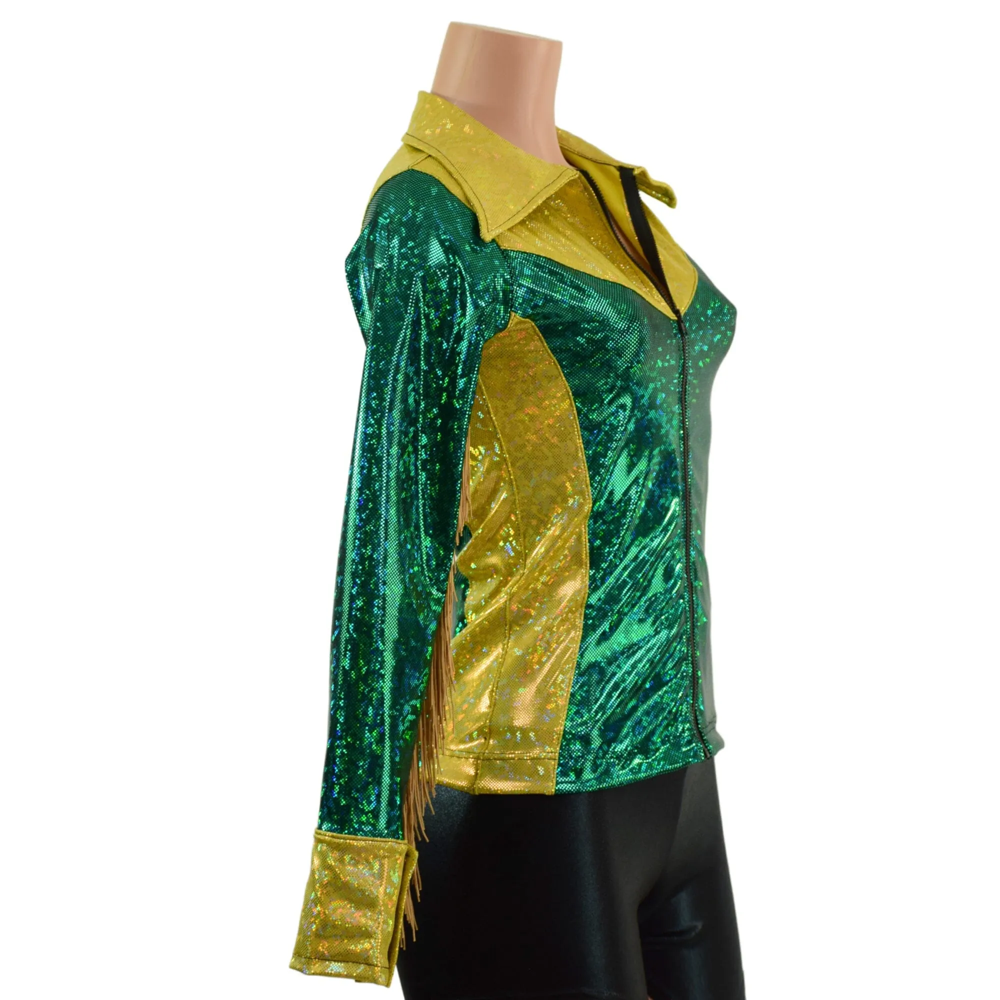 Gold and Green Kaleidoscope Rodeo Shirt with Fringe