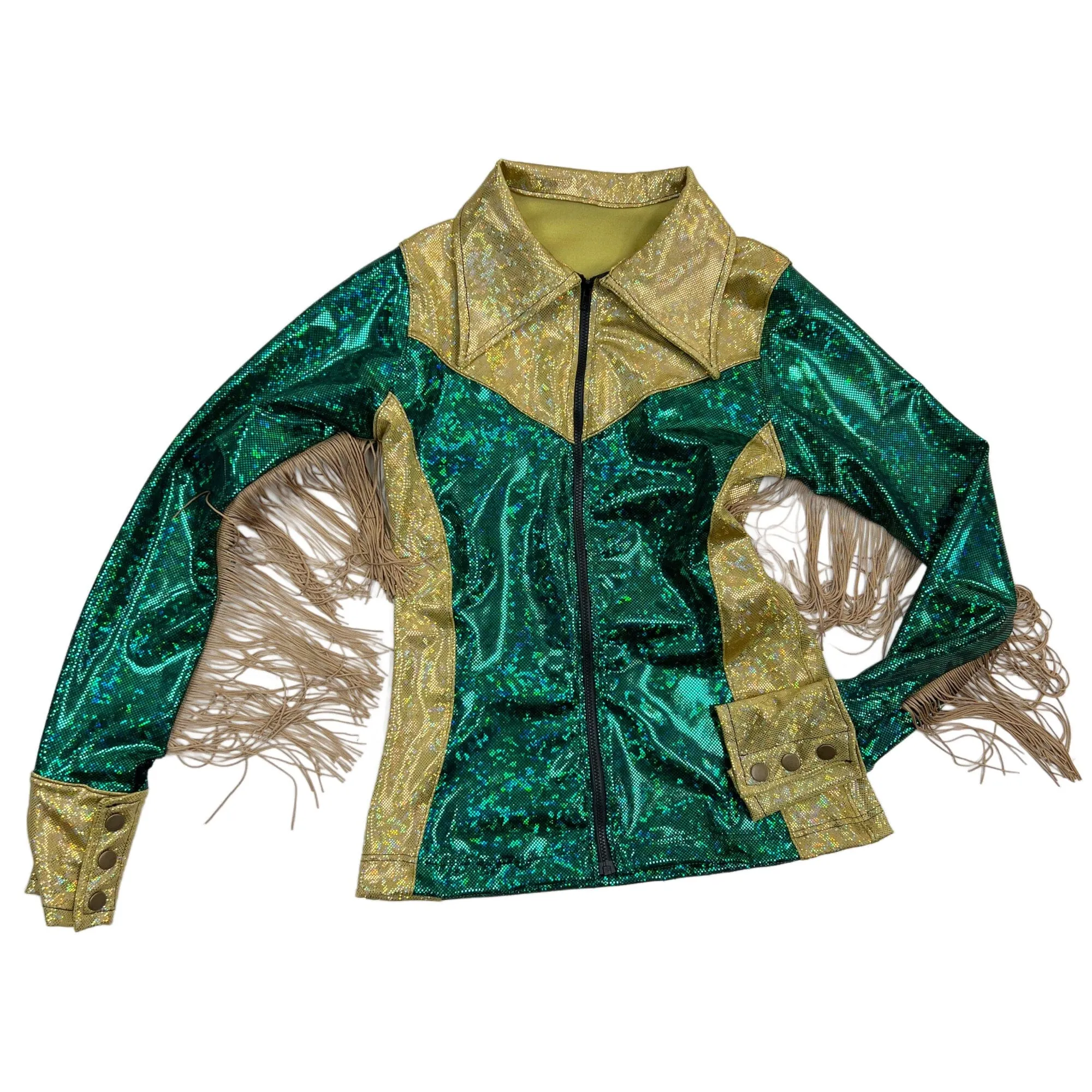 Gold and Green Kaleidoscope Rodeo Shirt with Fringe