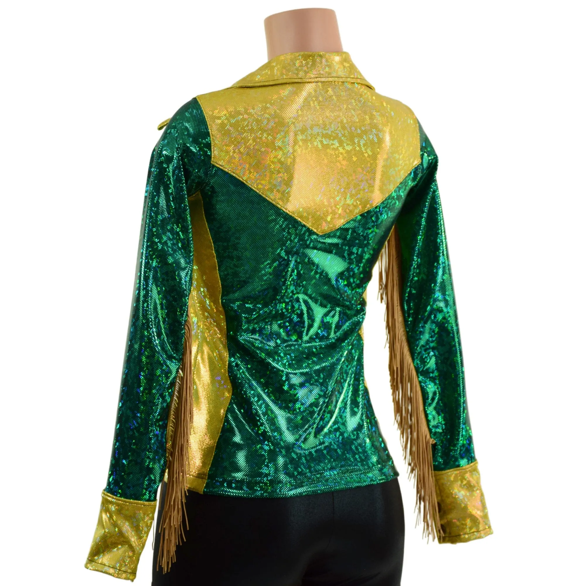 Gold and Green Kaleidoscope Rodeo Shirt with Fringe