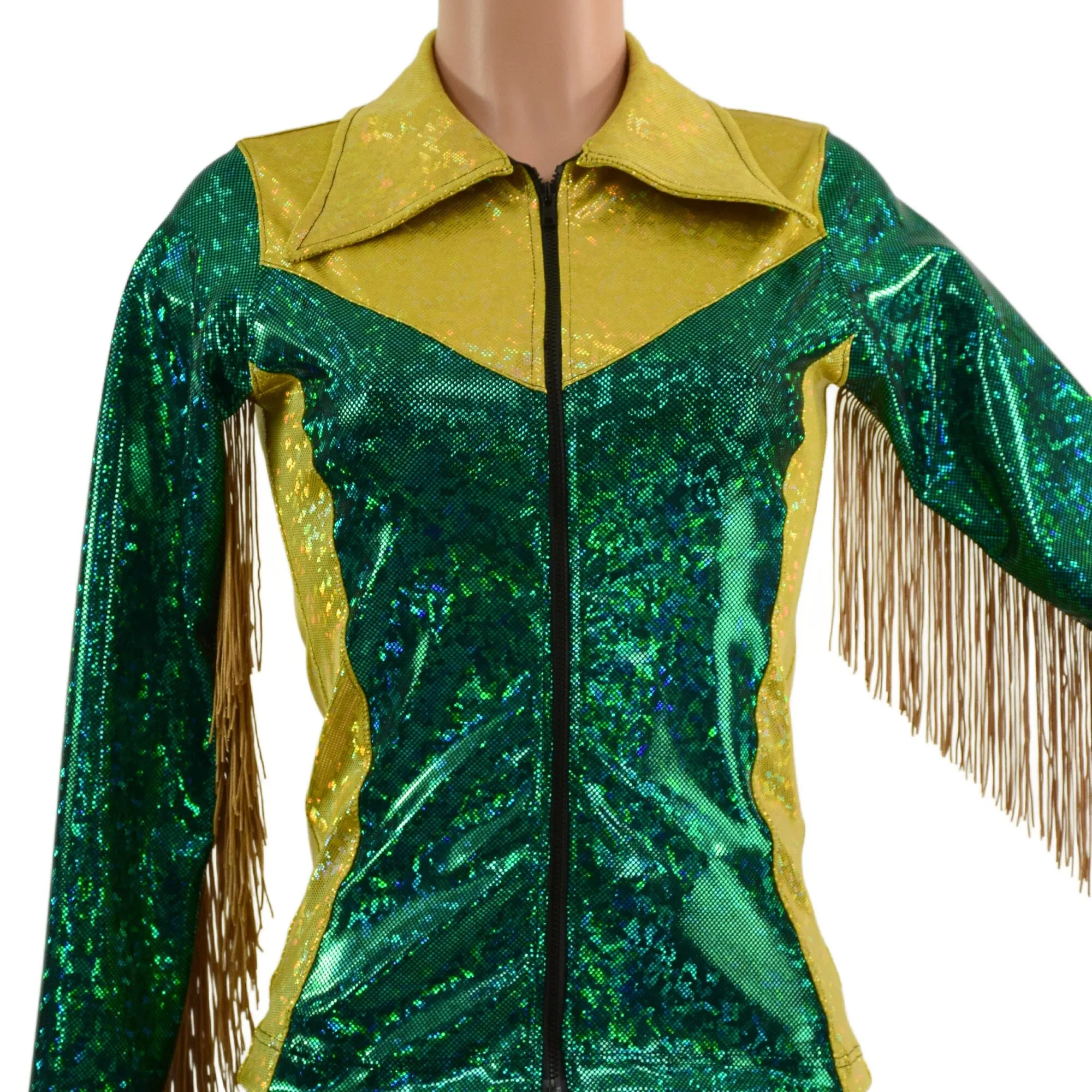 Gold and Green Kaleidoscope Rodeo Shirt with Fringe