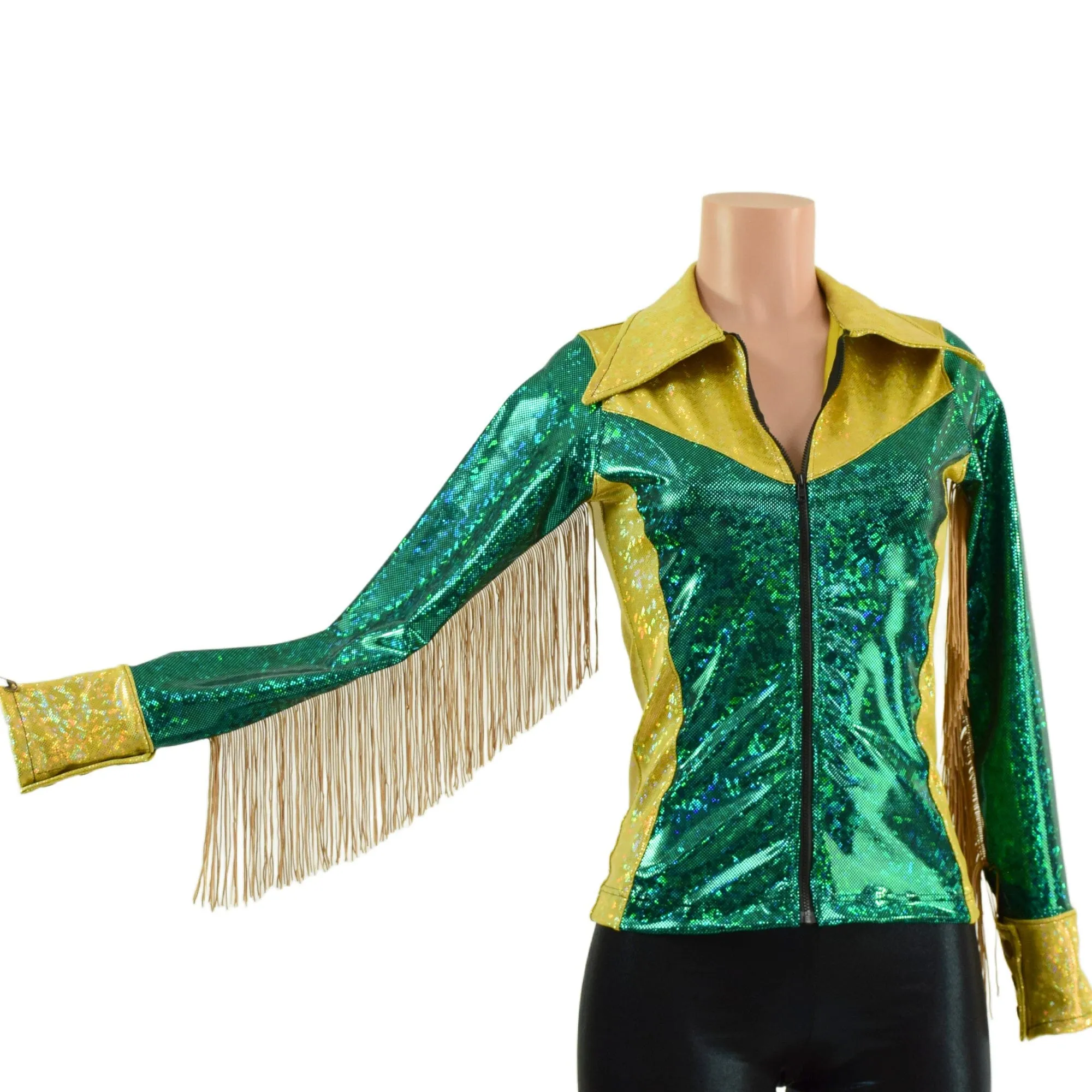 Gold and Green Kaleidoscope Rodeo Shirt with Fringe