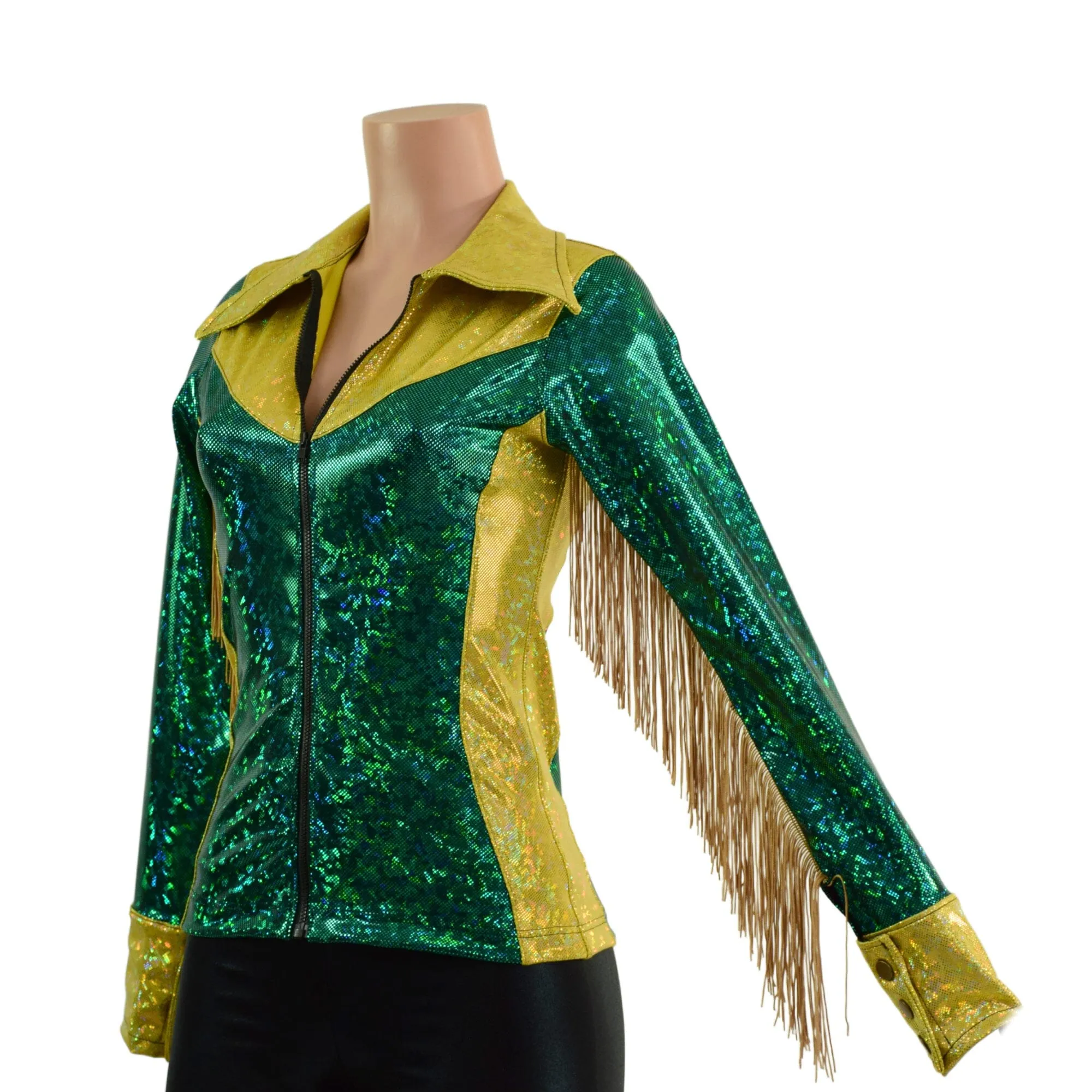 Gold and Green Kaleidoscope Rodeo Shirt with Fringe