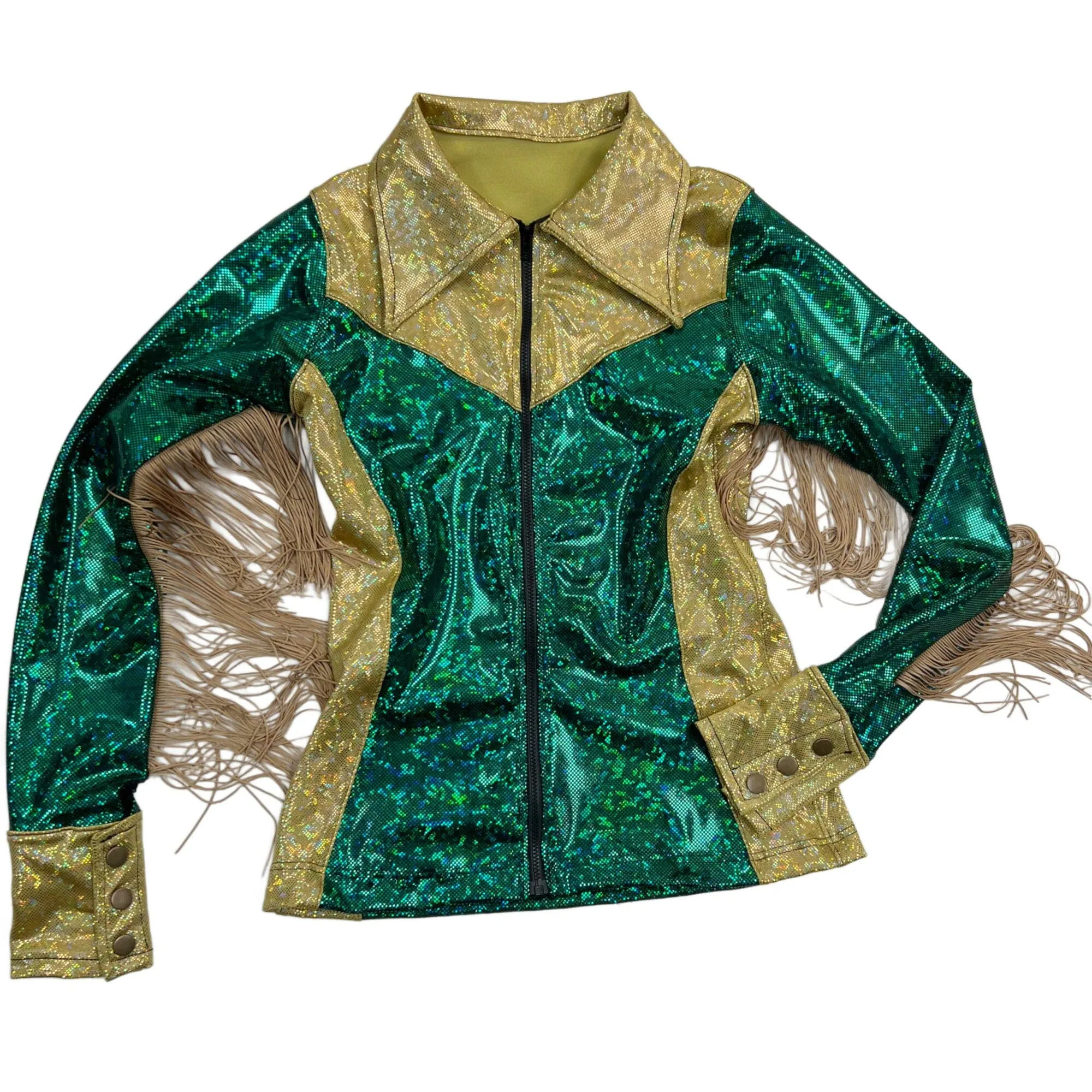 Gold and Green Kaleidoscope Rodeo Shirt with Fringe