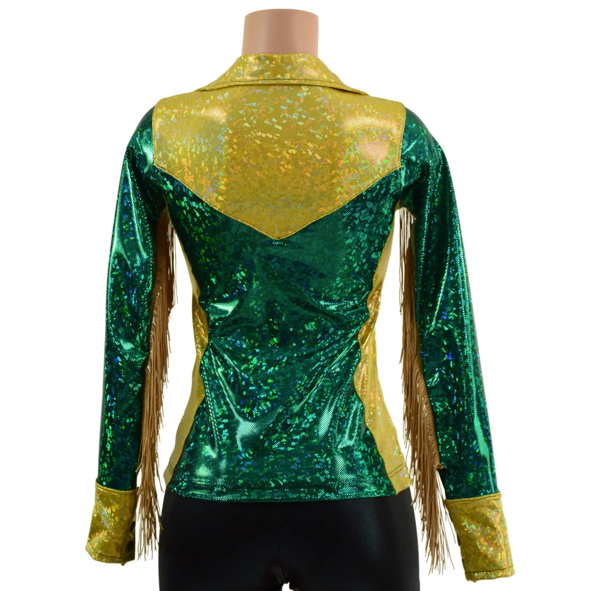 Gold and Green Kaleidoscope Rodeo Shirt with Fringe