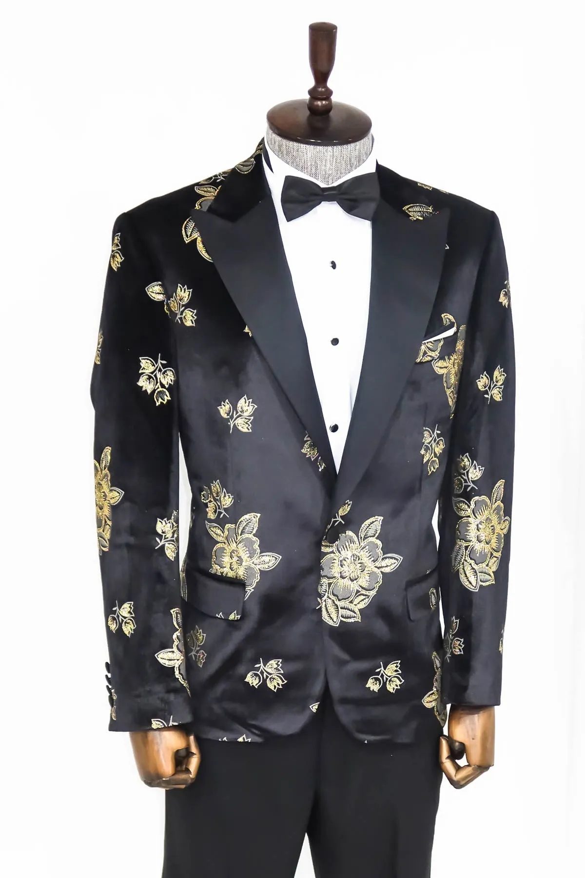 Gold Floral Patterned Shiny Black Men Party Tuxedo  Blazer - Wessi