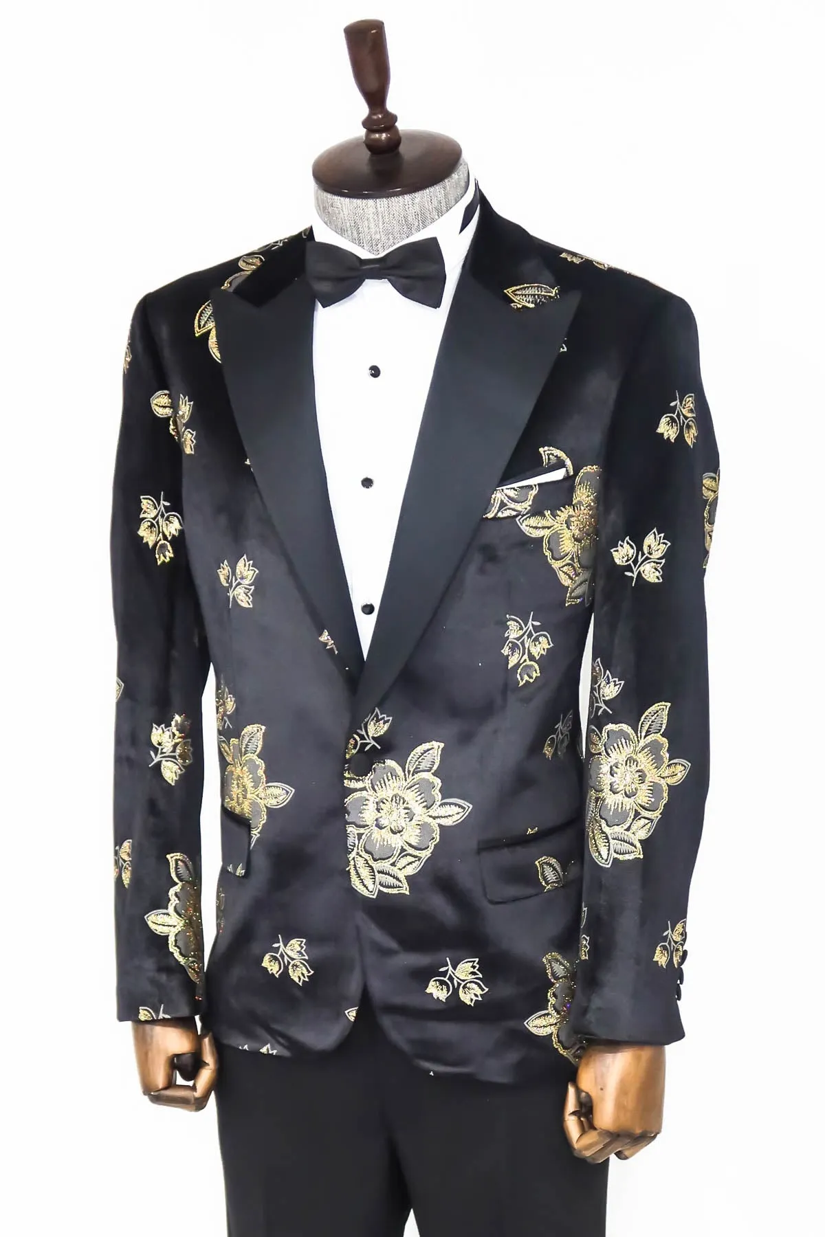 Gold Floral Patterned Shiny Black Men Party Tuxedo  Blazer - Wessi