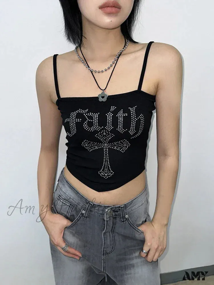 Gothic Rhinestone Vintage Spaghetti Straps Crop Top