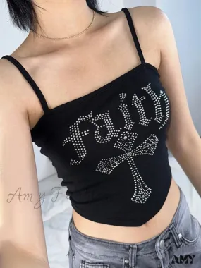 Gothic Rhinestone Vintage Spaghetti Straps Crop Top