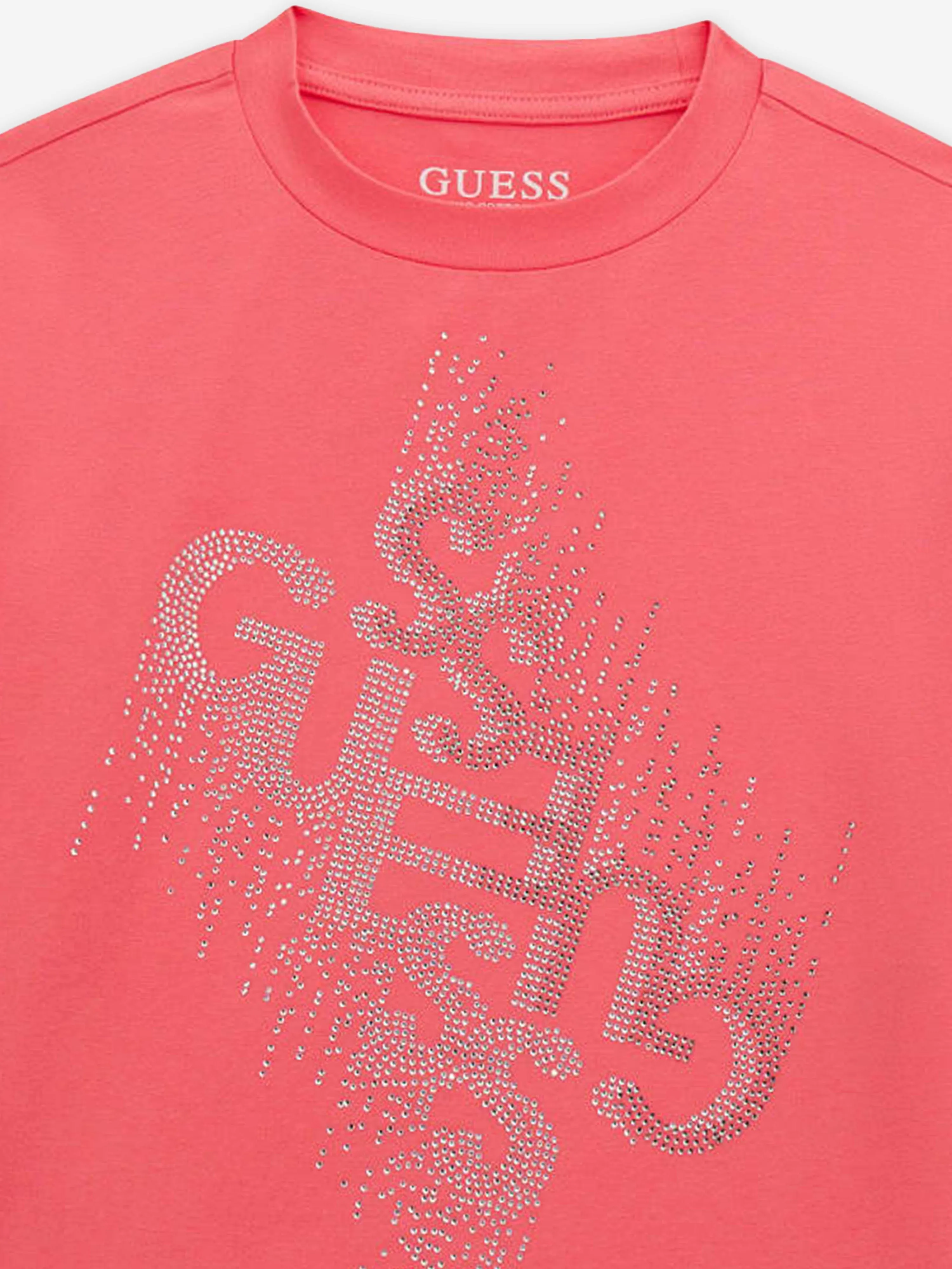 Guess Girls Diamante Logo T-Shirt in Pink