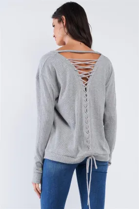 Heather Grey Long Sleeve V-Neck Ribbed Knit Lace Up Tie Back Detail Top /3-2